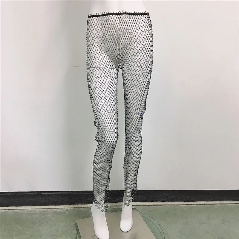 Sexy y2k streetwear Fishnet Rhinestone pants women clothing see through club party pants vintage clothes wide leg pants trousers Black