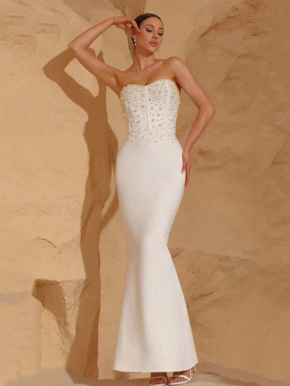 2025 Sexy Women'S Light Luxury Pearl Design Fish Tail Bandage Dress Strapless Sleeveless Bodycon Backless Long Dresses Vestidos WHITE