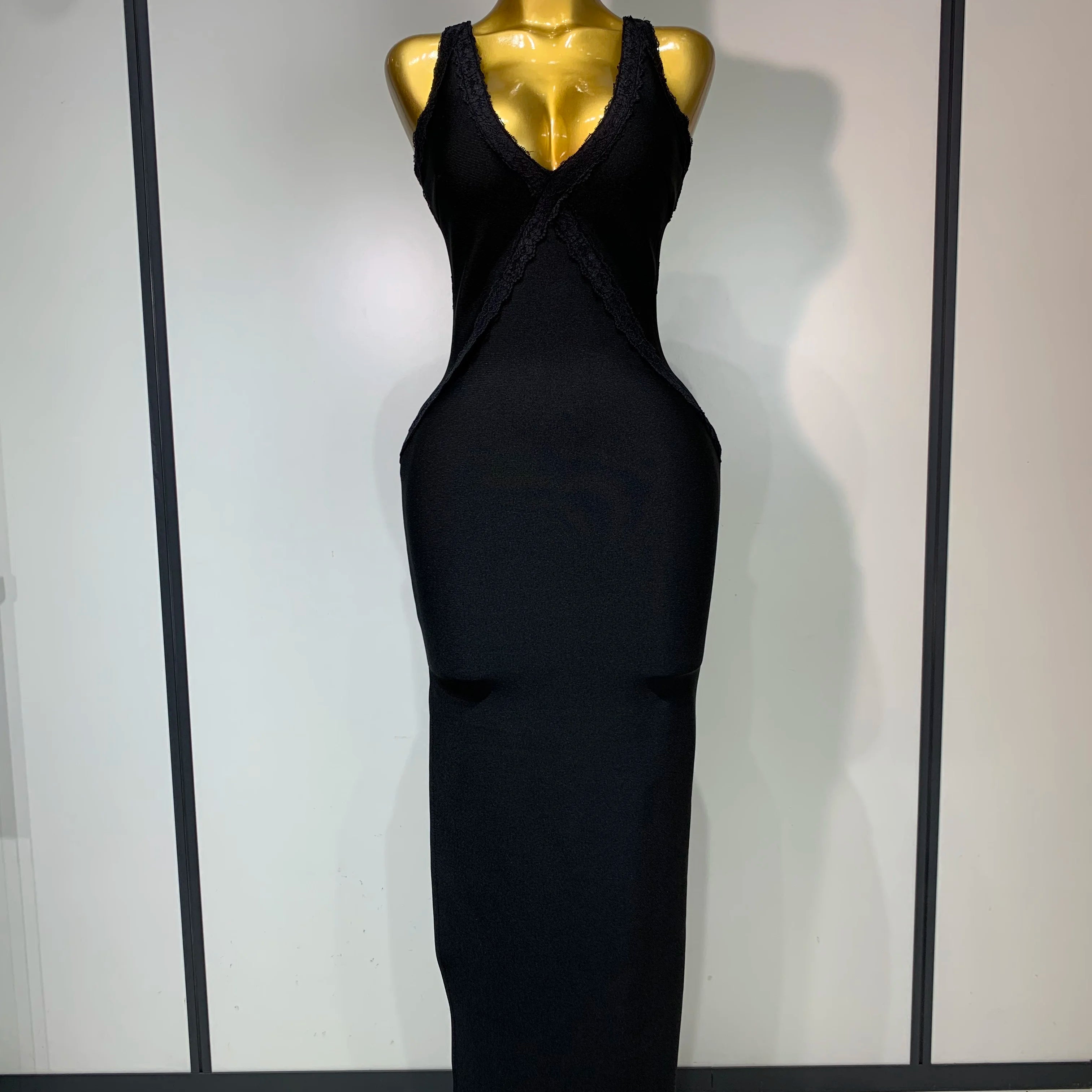 Sexy V Neck Black Lace Prom Dress Sleeveless Evening Party Gown Celebrity Elegant Luxury Birthday Club Dresses black