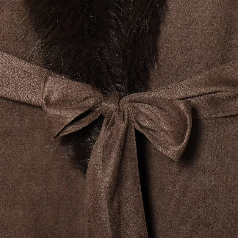 Chic Brown Long Coat for Women - Faux Fur Collar & Cuffs Belted Trench Coat for Cold Weather