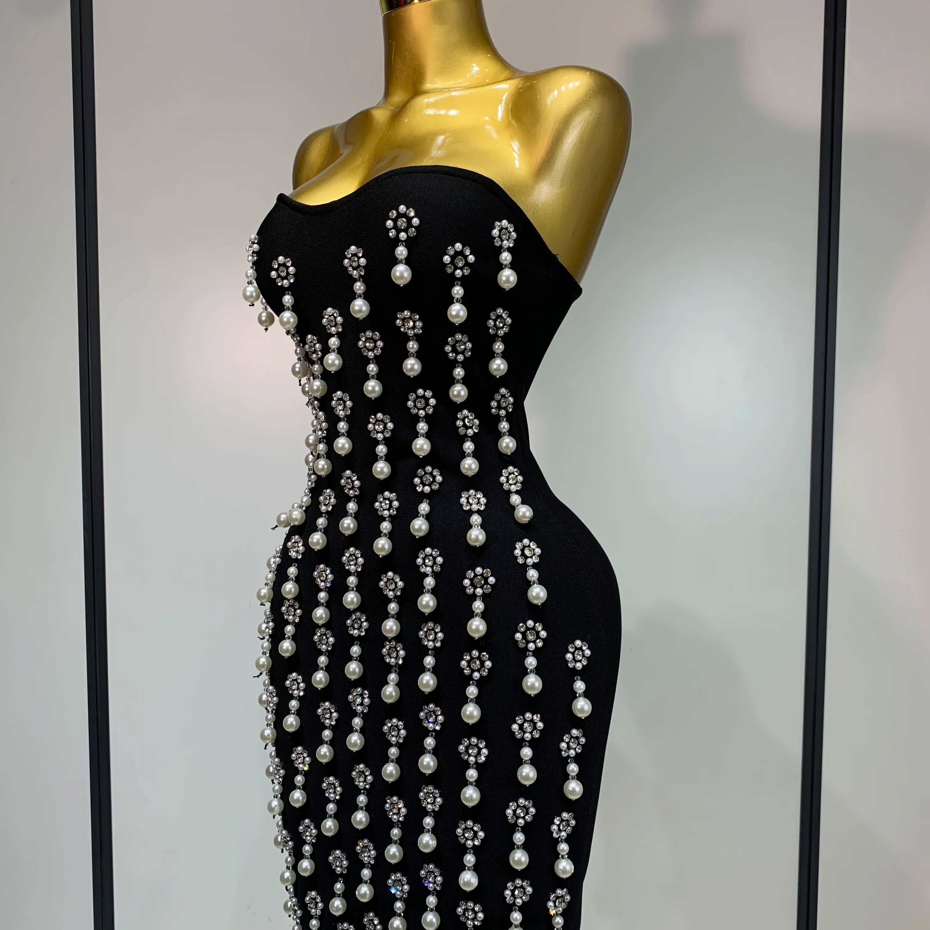 High Qualit Pearl Rhinestones Bodycon Strapless Mini Dress Women Sexy Backless Fashion Evening Party Club Luxury Birthday Dress