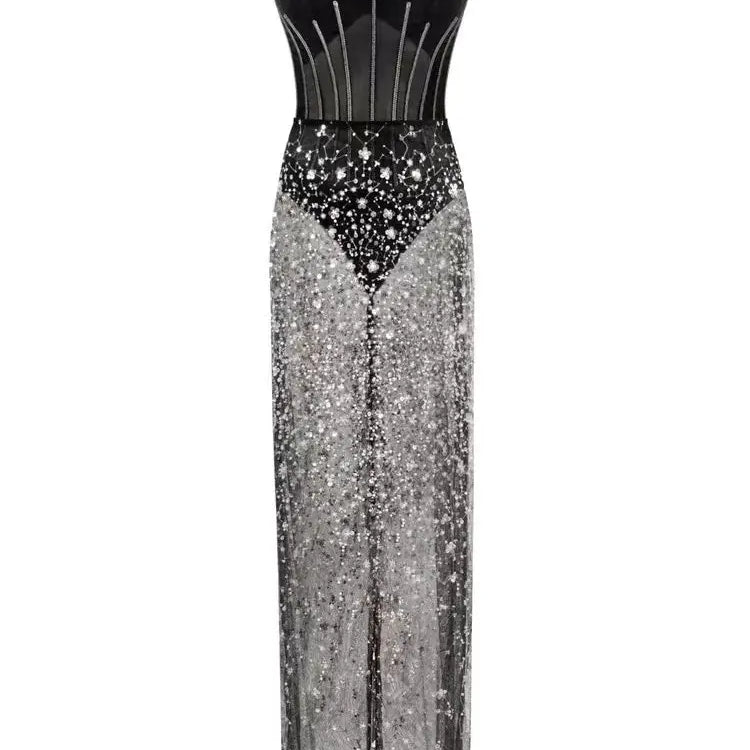 2024 New Fashion Black Color Women Sexy Strapless 2 Pieces Bodycon Long Dress Mesh Sequins Nightclub Party Celebrate Dress