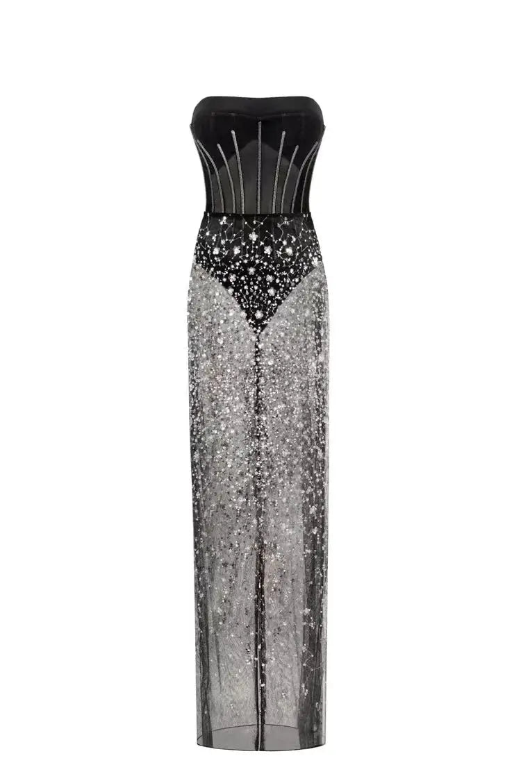 2024 New Fashion Black Color Women Sexy Strapless 2 Pieces Bodycon Long Dress Mesh Sequins Nightclub Party Celebrate Dress