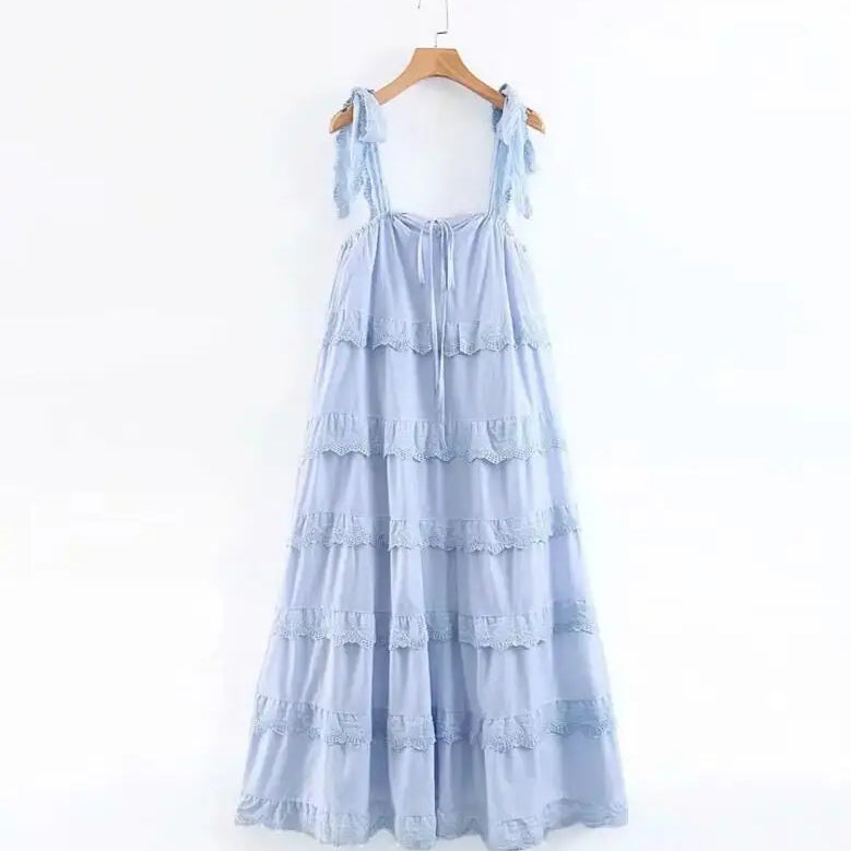 BOHO Stitching Lace Ruffles Tide Bow Spaghetti Strap Dress Ethnic Woman Slash Collar Long Big Swing Cake Dresses Holiay Robe light blue One Size