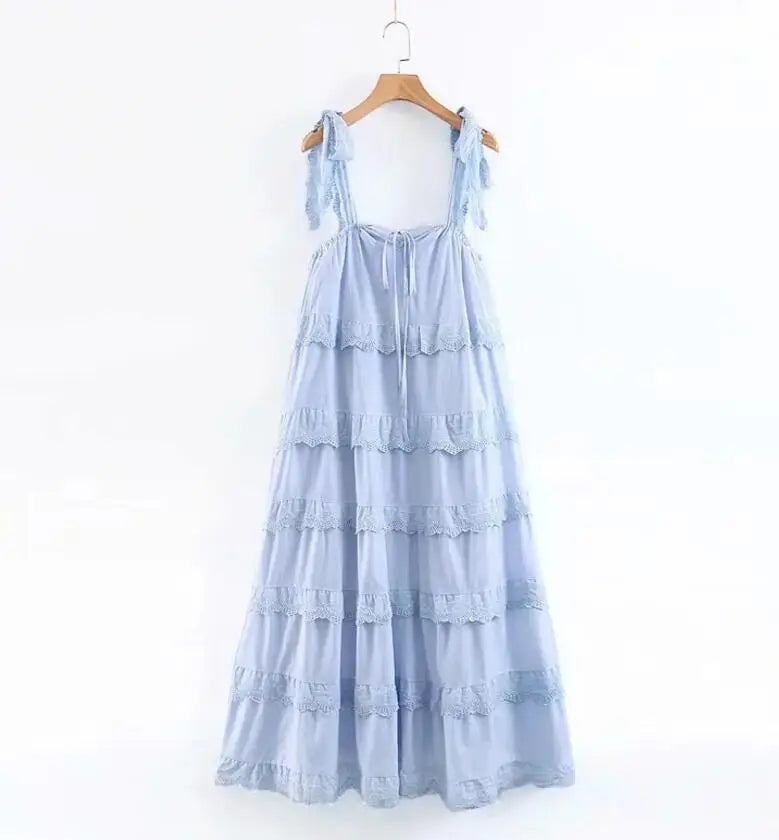 BOHO Stitching Lace Ruffles Tide Bow Spaghetti Strap Dress Ethnic Woman Slash Collar Long Big Swing Cake Dresses Holiay Robe light blue One Size