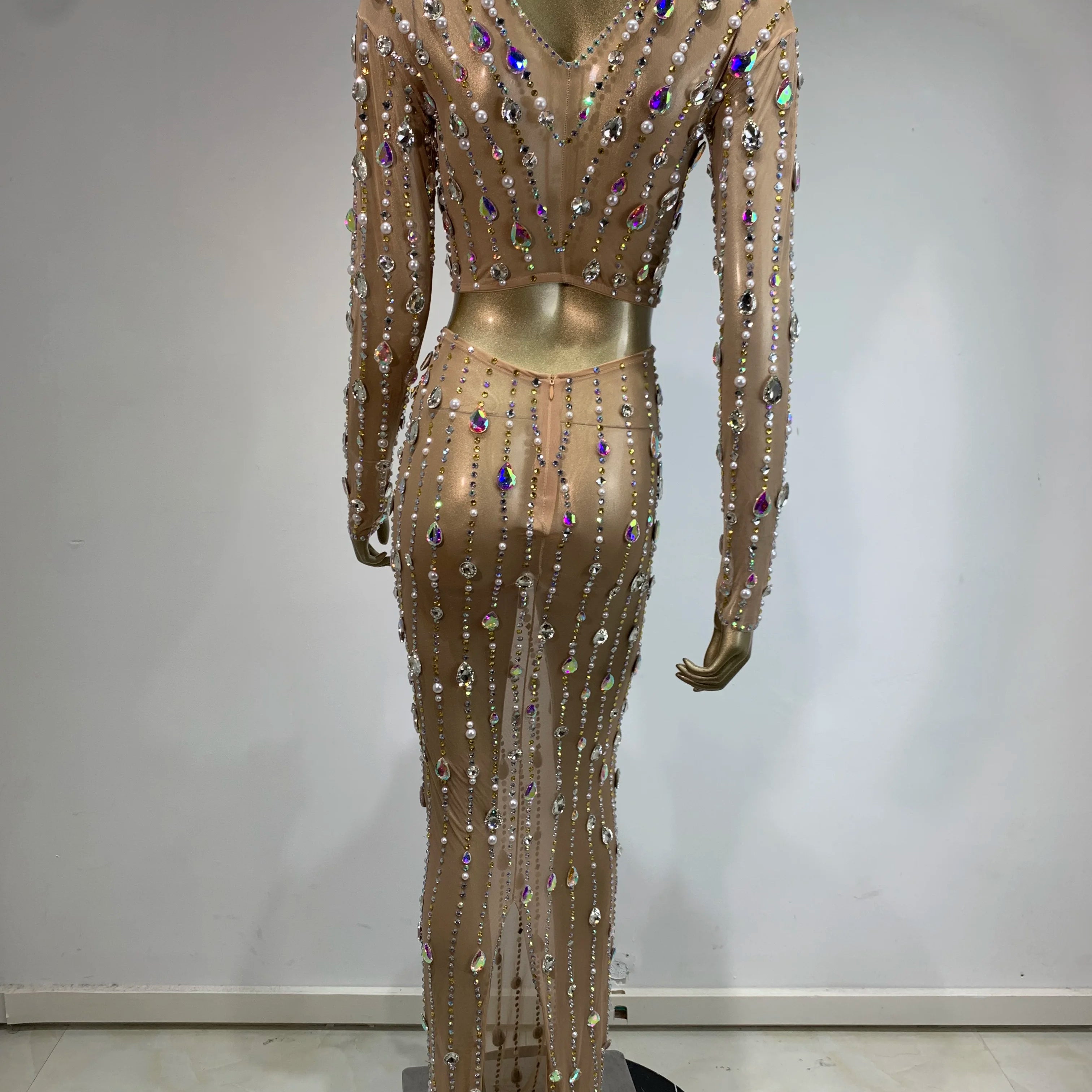 Stock Women Long Sleeve Rhinestone Sparkly Maxi Long Skirt Set Birthday Party Costume Bar Nightclub Stage Performance Clothing