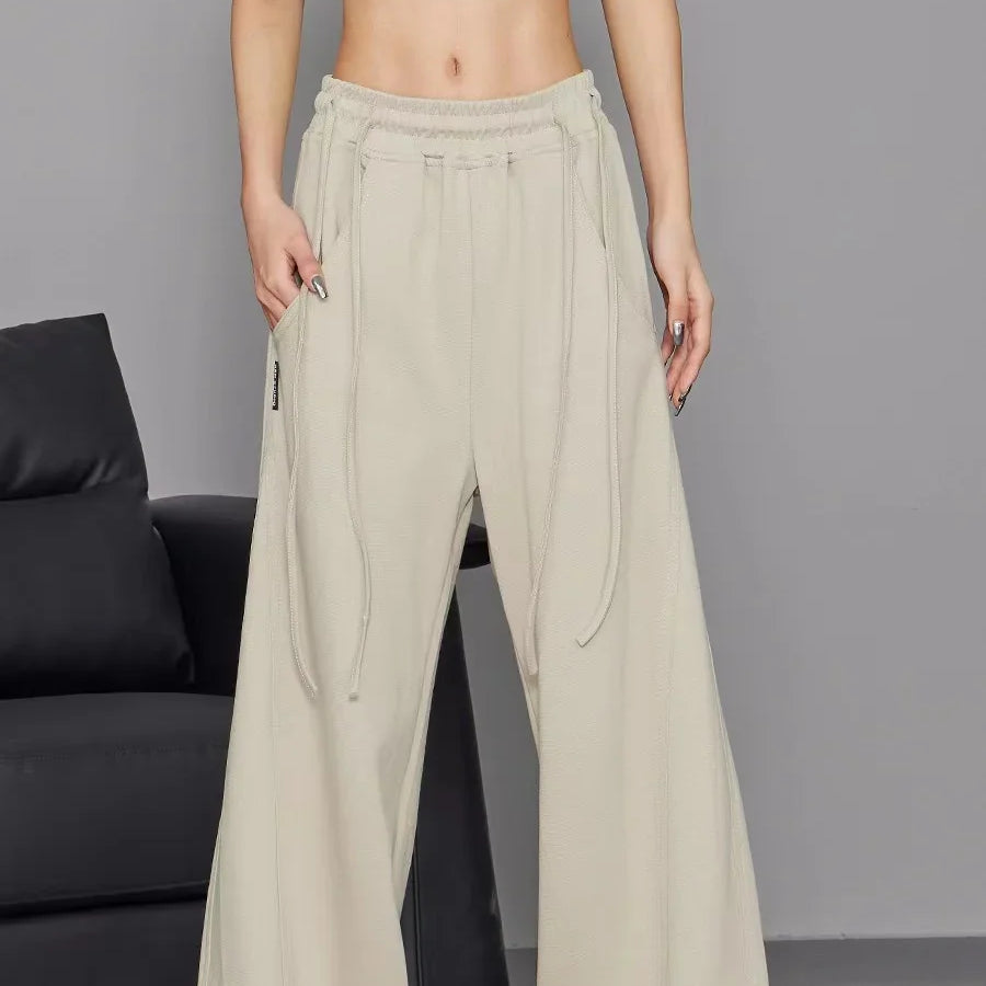 Women's Y2K Wide Leg Elastic Waist Drawstring Baggy Pants Casual Daily Joggers Trousers Vintage Street Mopping Sweatpant Beige
