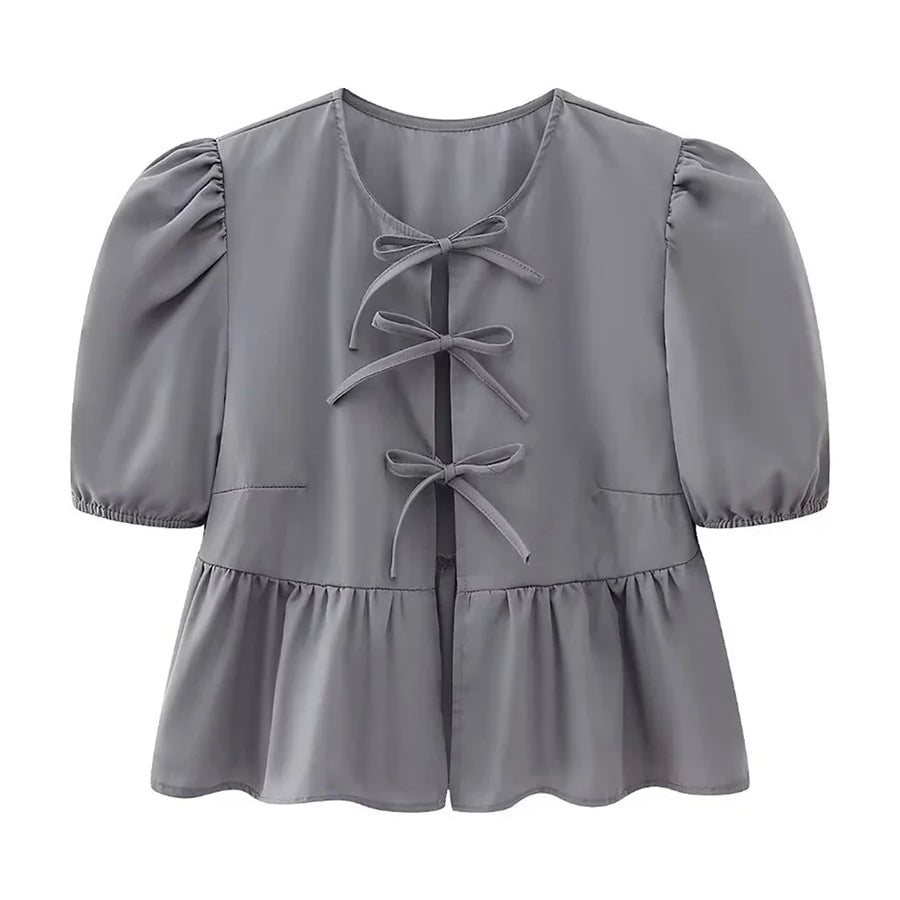 wsevypo Chic Summer Babydoll Shirts Solid/Stripe Short Women's Puff Sleeve Round Neck Tie-Up Front Peplum Blouses Top for Street G