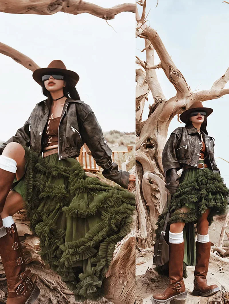 3 Colors Women's Irregular Hem Ball Gown Long Skirt Tulle Ruffles Multilayers Skirt Ladies Fairy Gauze Maxi Skirts Female Outfit