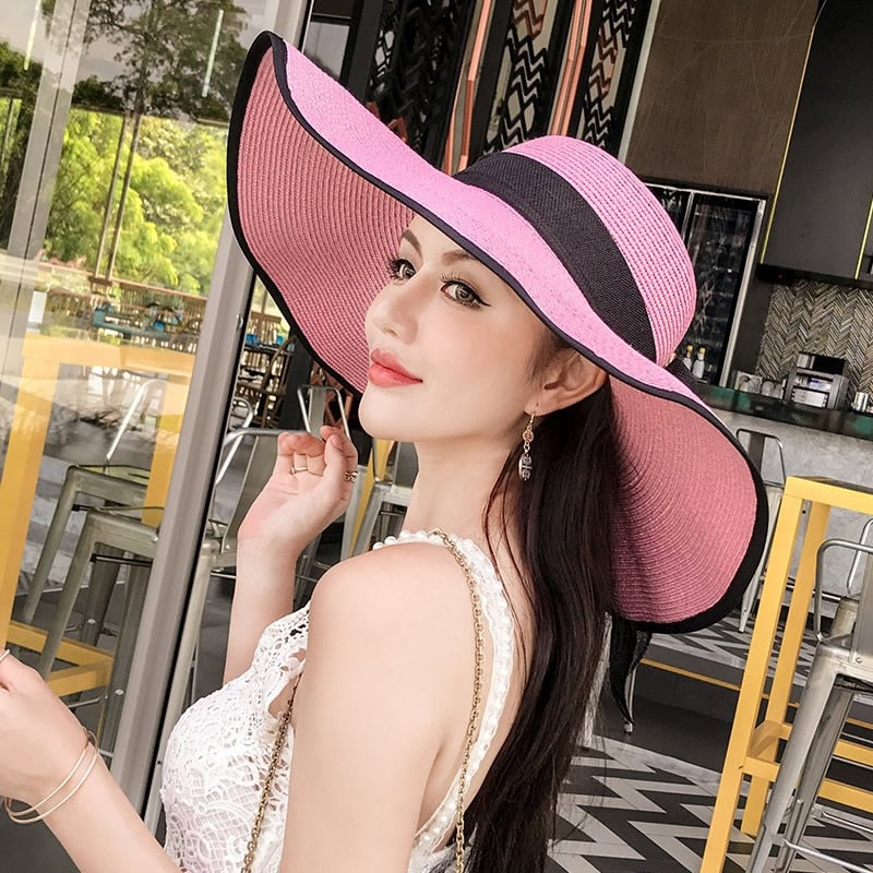 Seaside Photo Beach Straw Hat Children Summer Large Brim Sunscreen Shading Simple Fashion Large Brimmed Hat Sun Hat Beach Hat Black-edged violet Adjustable 55 60cm