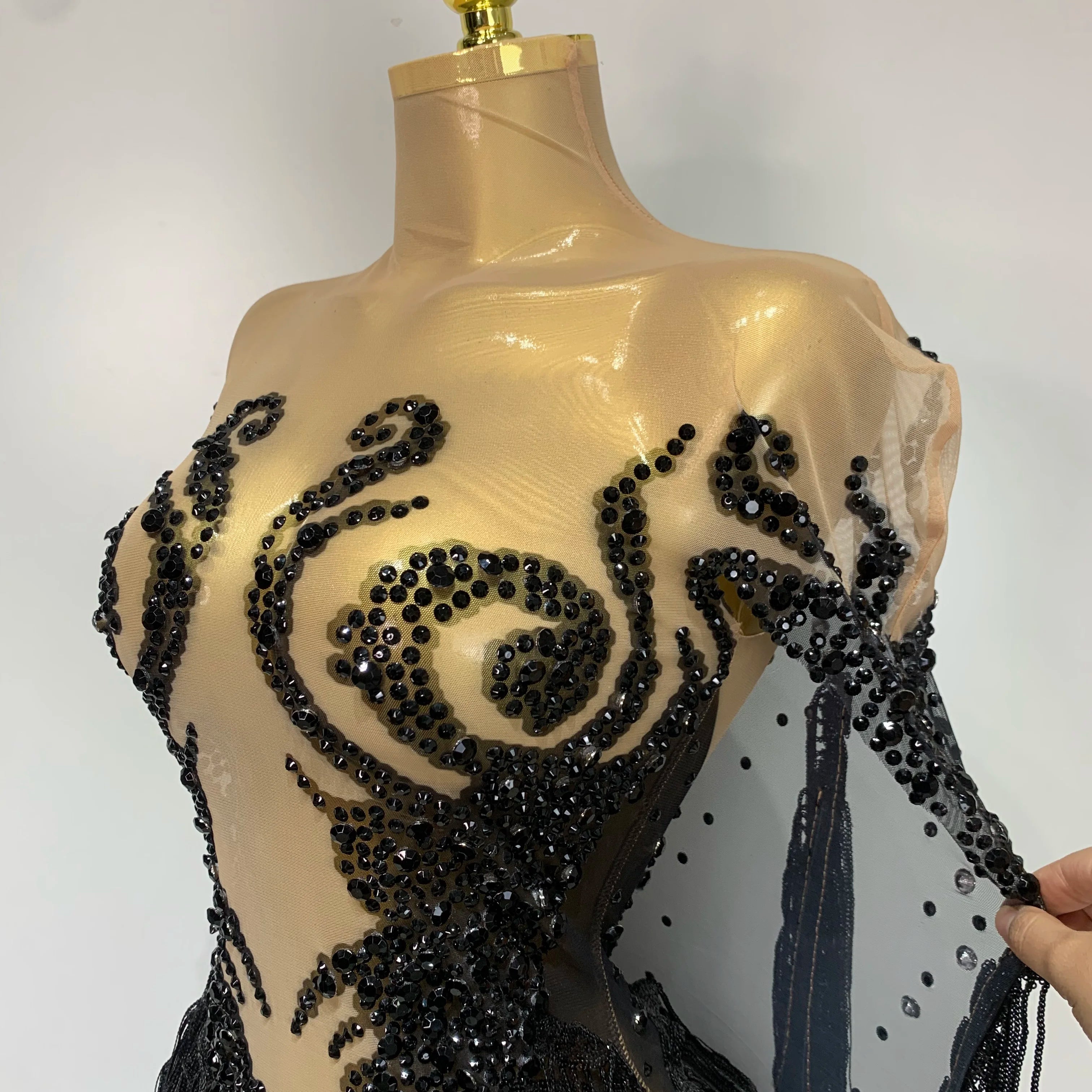 Sexy Sparkly Rhinestone Sequins Tassel Mesh Transparent Dress Women Evening Birthday Party Nightclub Dance Singer Stage Outfit