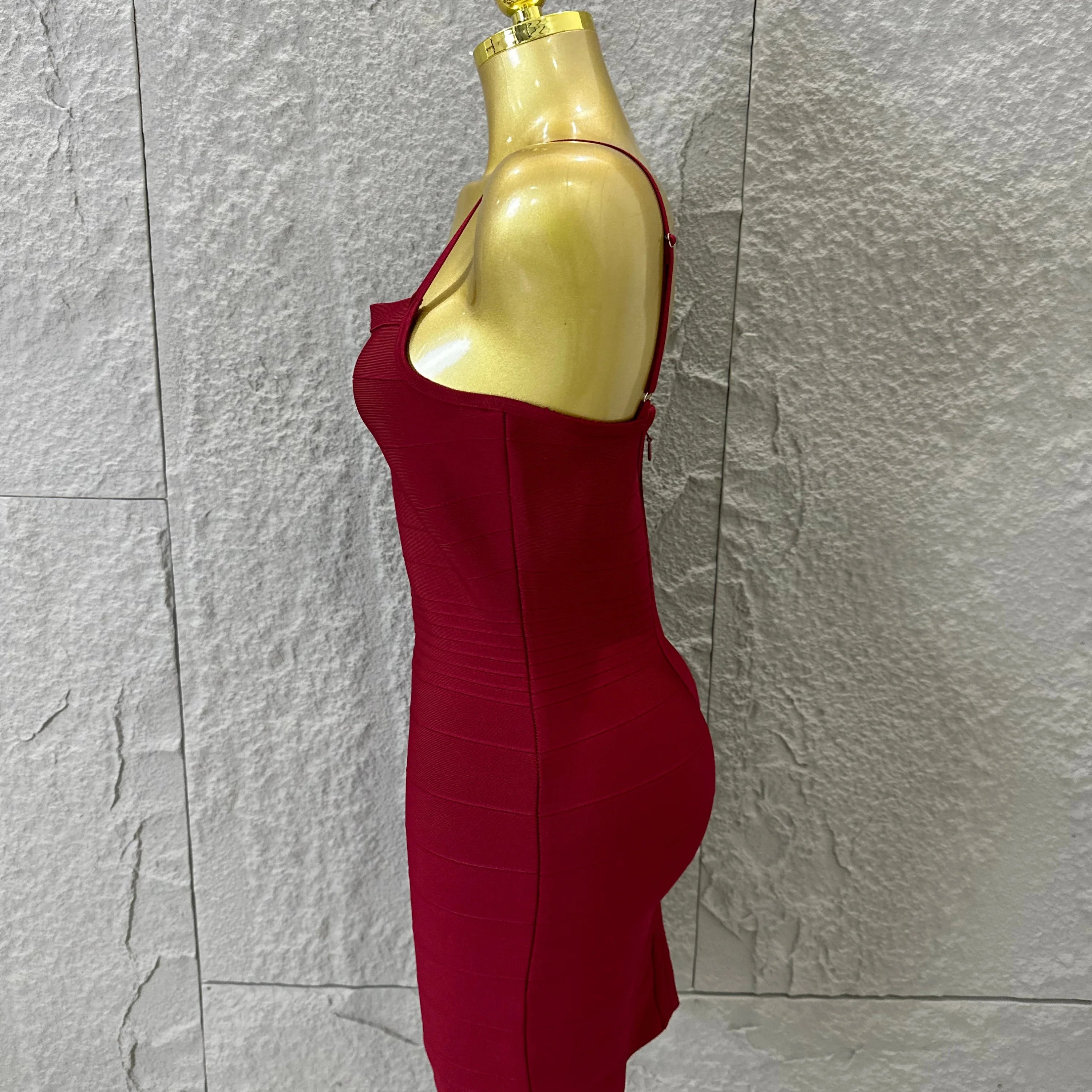 Chic Burgundy Bandage Mini Dress Women Spaghetti Strap Square Neck Bodycon Formal Event Casual Wear Costume