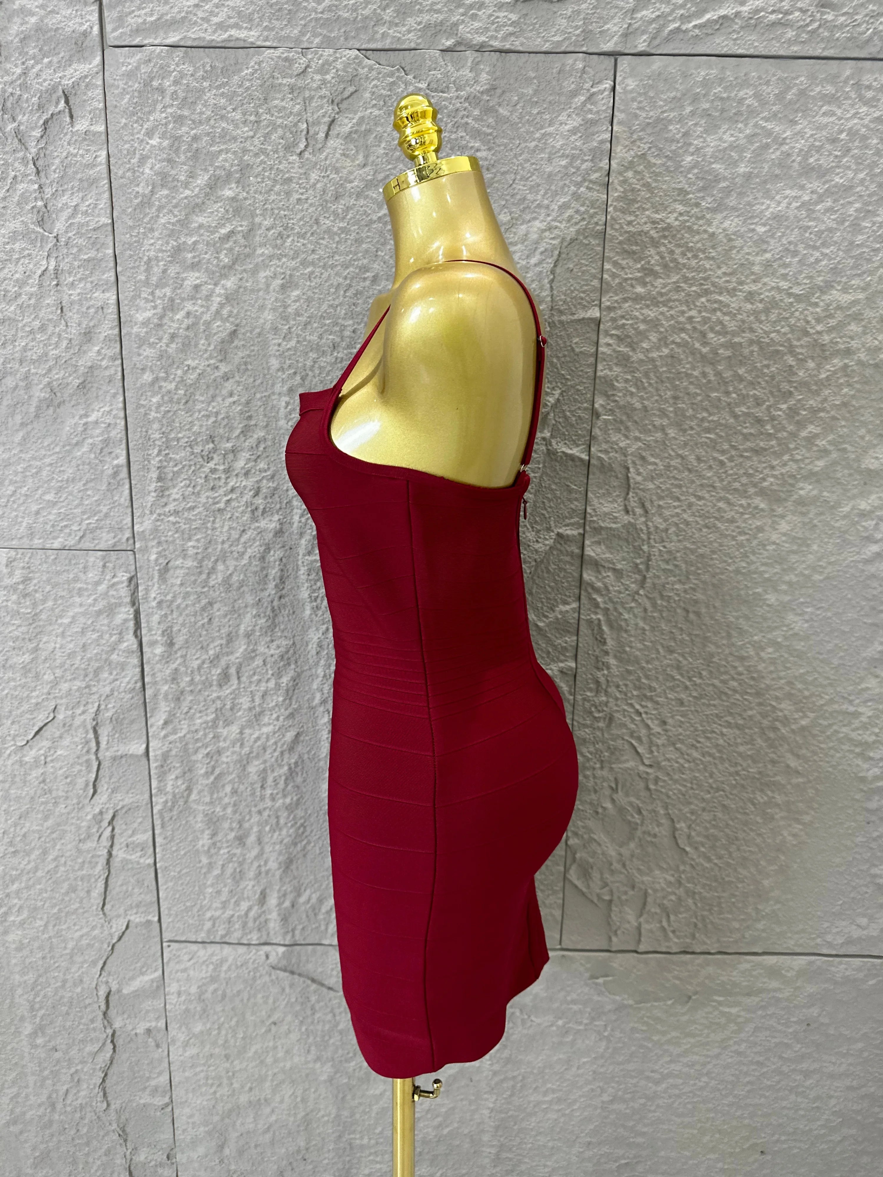 Chic Burgundy Bandage Mini Dress Women Spaghetti Strap Square Neck Bodycon Formal Event Casual Wear Costume