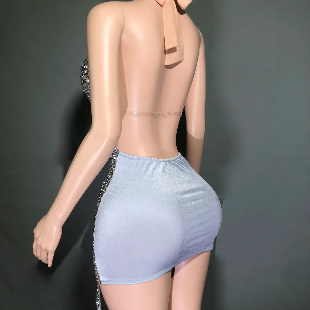 Sparkly Rhinestones Evening Prom Celebrate Birthday Dress Sexy Halter Backless Mesh Velvet Short Dress Performance Stage Wear