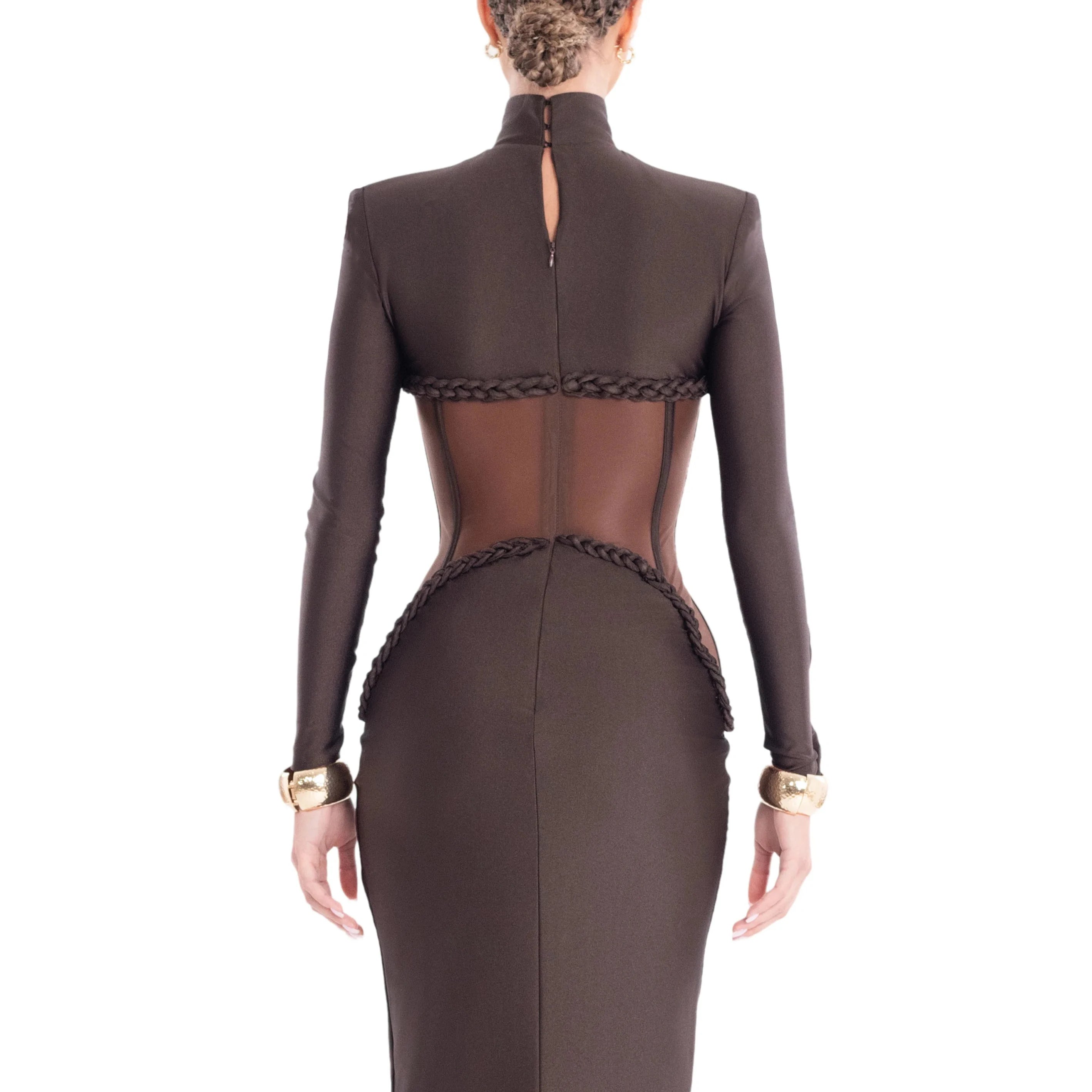 Sophisticated Brown High-Neck Long Sleeves Dress with Sheer Mesh Corset Accent for Party Evening Gown