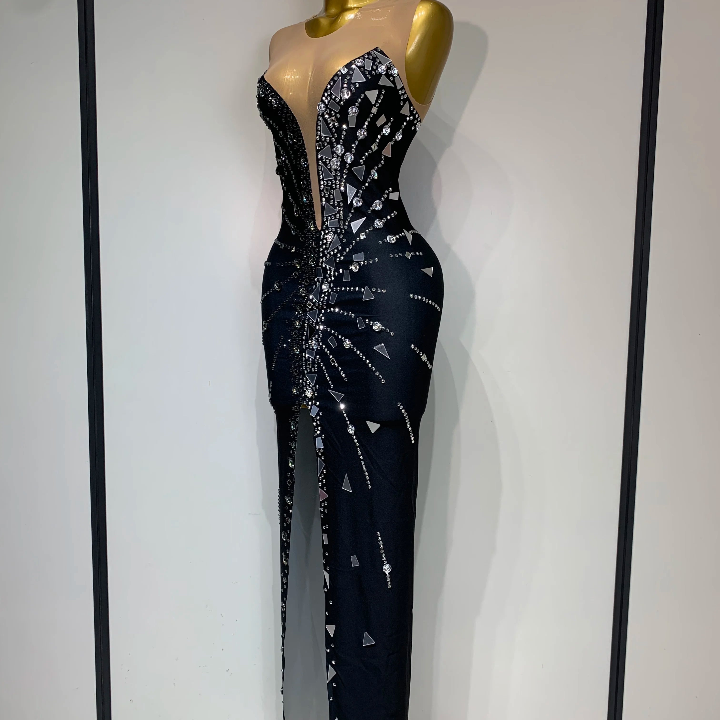 Black bowknot Lens Patchwork Dress Rhinestones Dress Women Party Long Dress Celebrate Evening Prom Dress Stage Festival Outfit