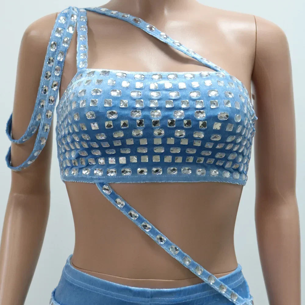 2024 Fall Women Set Velvet Diamonds Hot Rhinestones Strapless Top + Pencil Pants Suit Sets Two 2 Piece Set Party Outfits