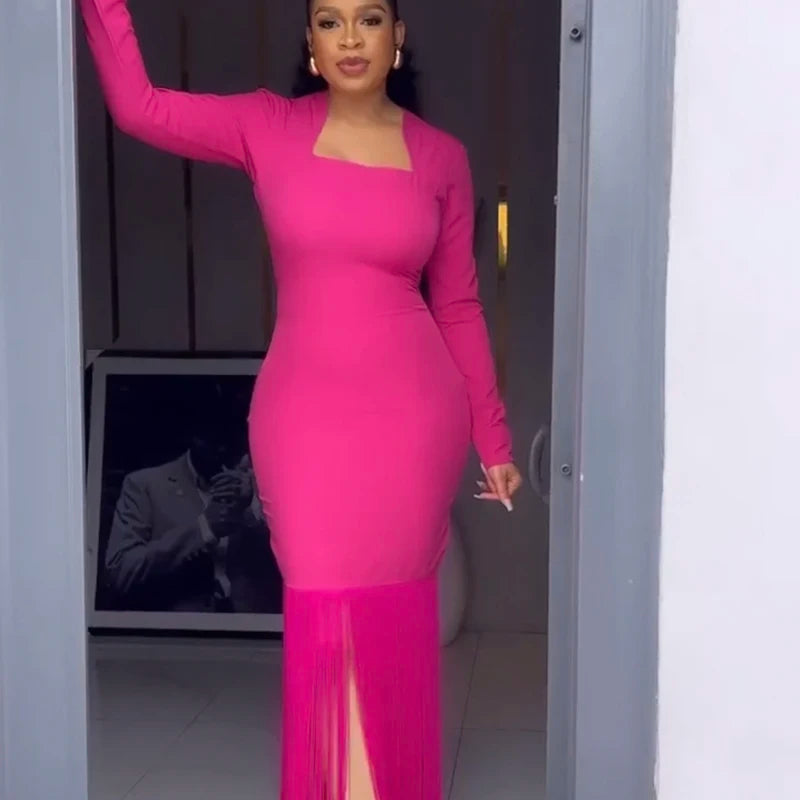 Black Rosered Pink Women Long Sleeve Sexy Square Collar Tassels Bodycon Bandage Long Dress Nightclub Party Celebrate Dress