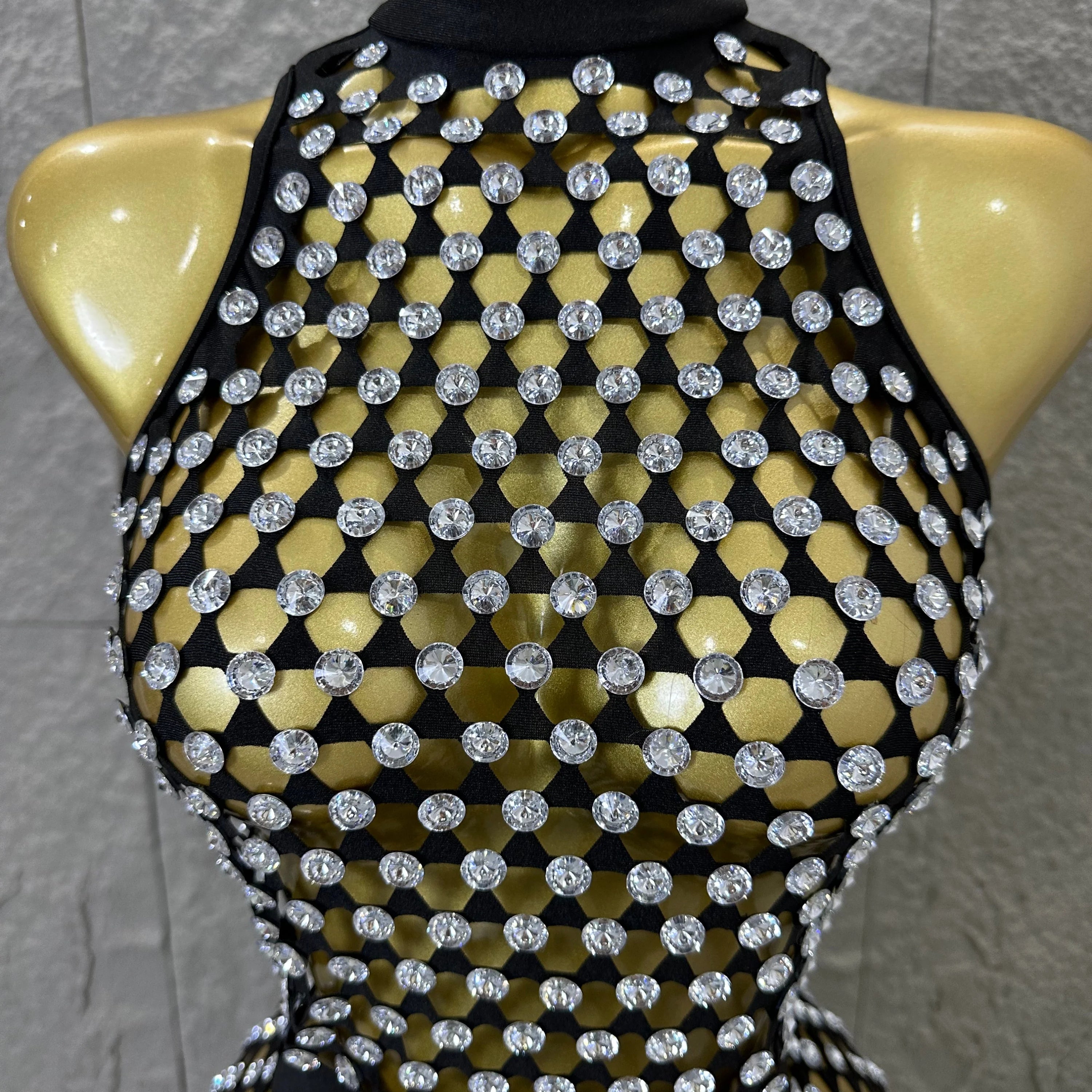 Luxury 2026 Glamorous Black Mesh Halter Mini Dress Sparkle Rhinestone Gold Silver Bead Bodycon Bar Stage Performance Costume