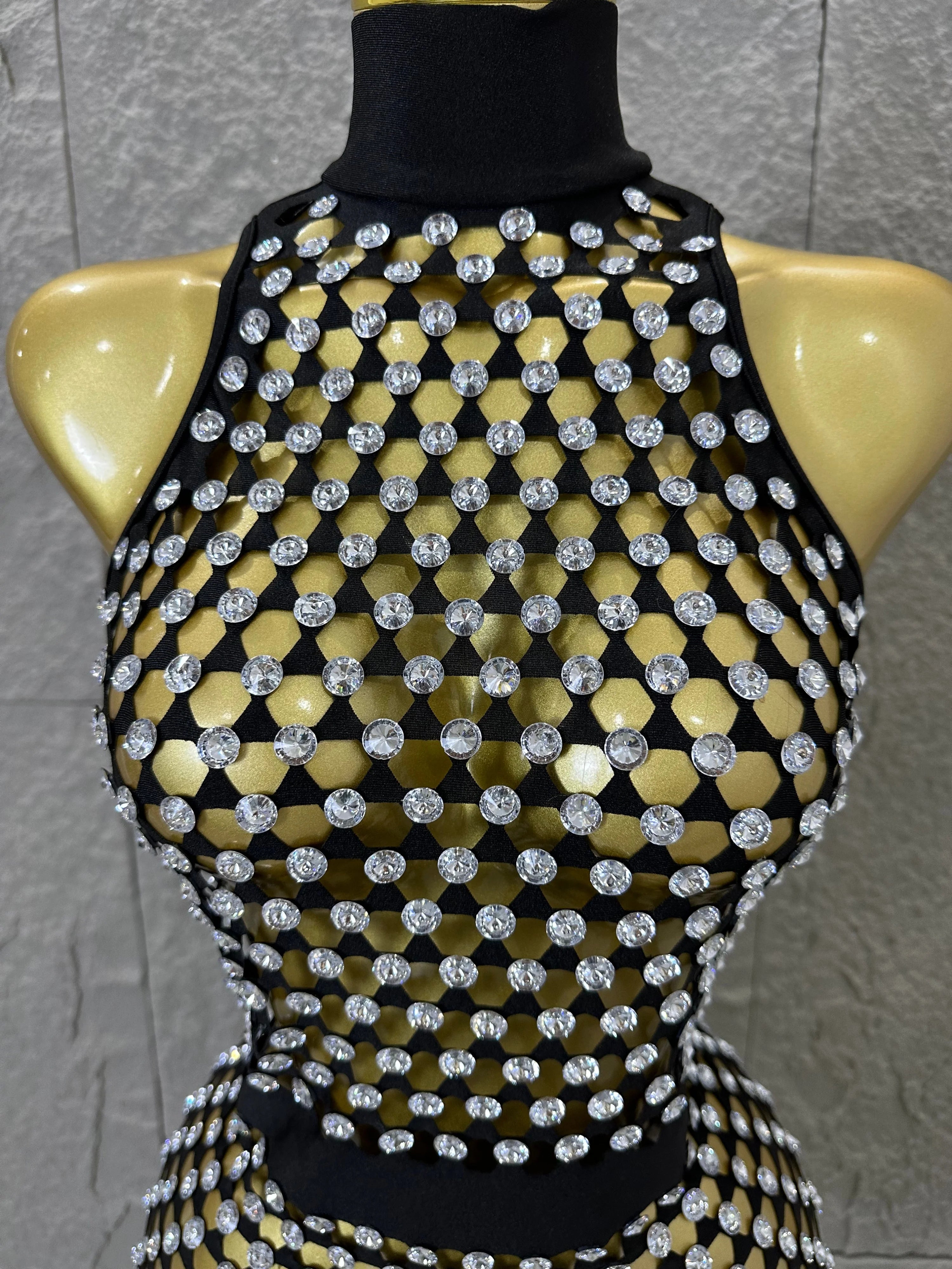Luxury 2026 Glamorous Black Mesh Halter Mini Dress Sparkle Rhinestone Gold Silver Bead Bodycon Bar Stage Performance Costume