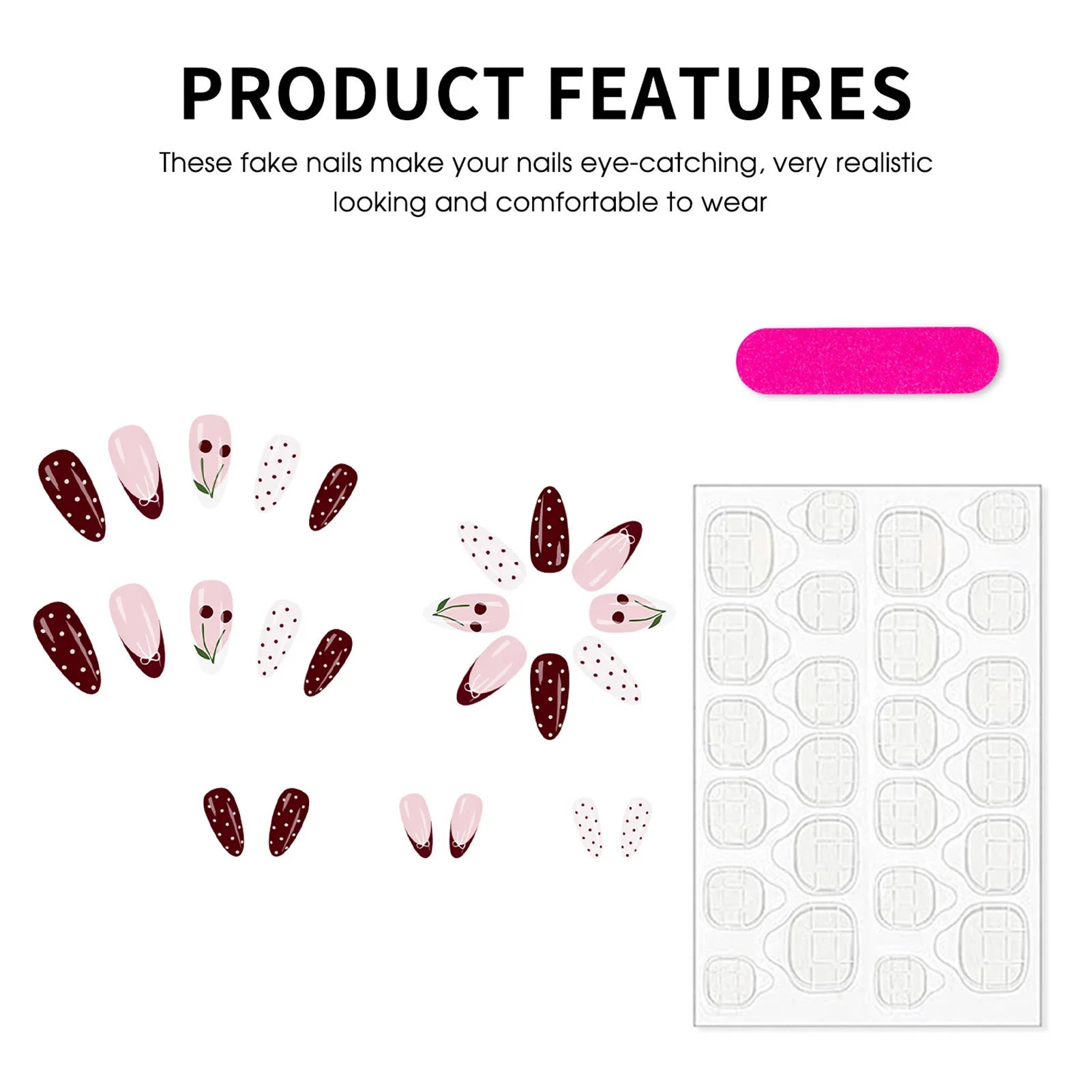 24Pcs Wine Red Almond Fake Nails with Polka Dot/Bowknot/Cherry Designs French Press On Nails Women Girls New Year Charm Manicure