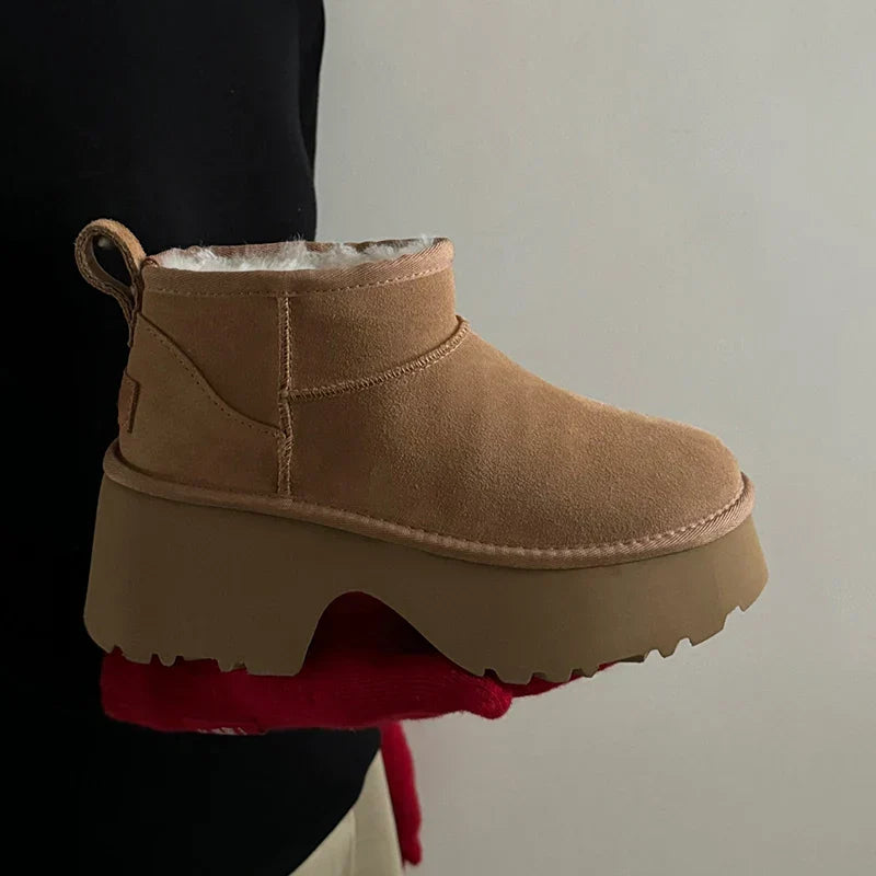 winter Snow boots Women's thick heels ankle ladies platform slippe shoes Leather Wool Chestnut