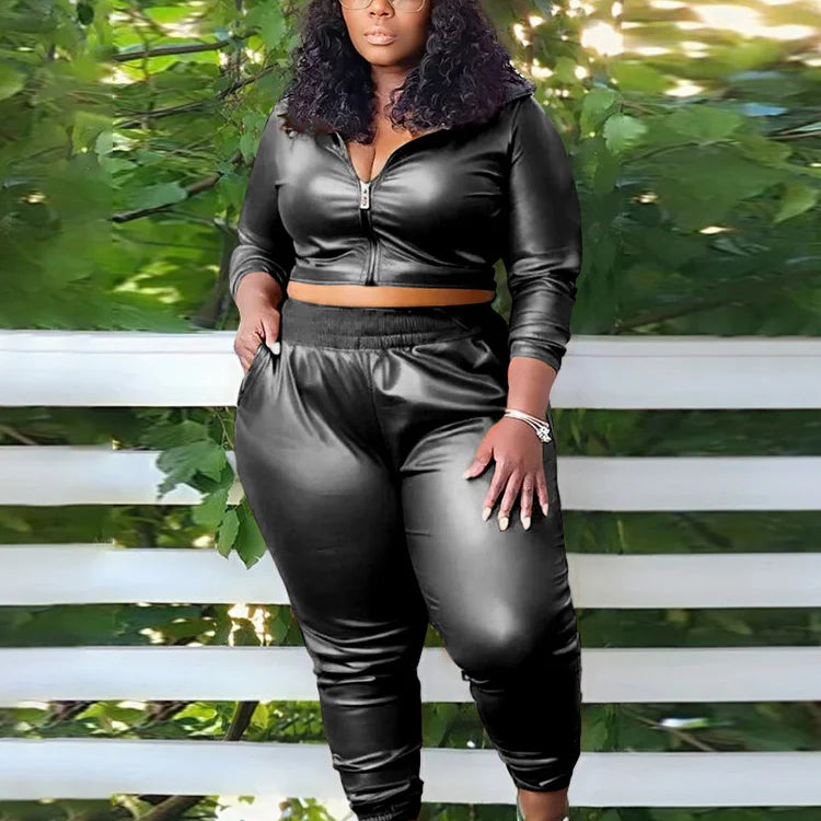 Wmstar Plus Size PU Two Piece Outfits Women Fall Clothing Hoodies Coat Pants Sets Legging Matching Set Wholesale Dropshipping black