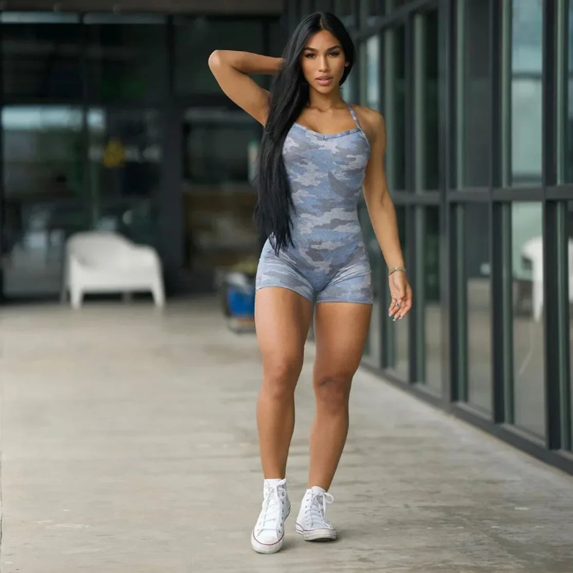 One Pieces Yoga Women's Jumpsuit Fitness Bodysuit Push Up Shorts Workout Clothes for Women Sportswear Gym Sets Womens Playsuits Camo Grey