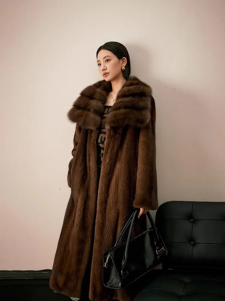 Lautaro Winter Long Luxury Elegant Thick Warm Soft Brown Faux Mink Fur Coat Women Turn-Down Collar Loose Stylish Furry Overcoat