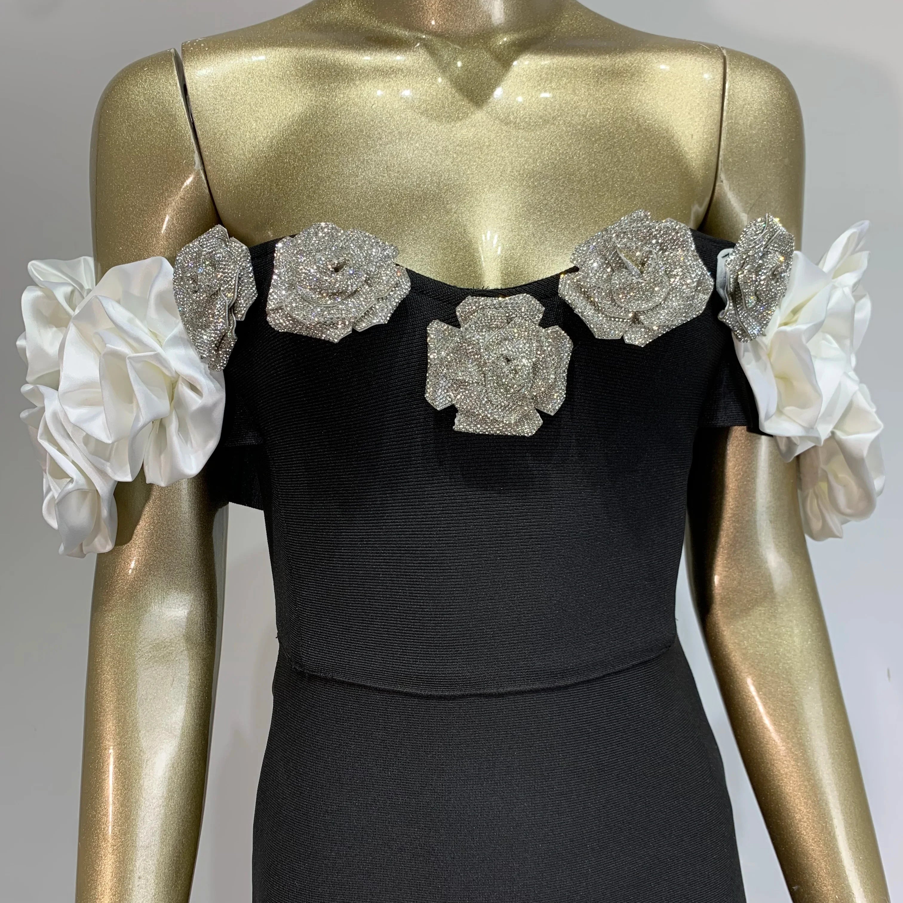 Women Celebrity Summer Sexy Off Shoulder Black Flower Maxi Long Bodycon Bandage Dress Elegant Evening Club Party Outfit