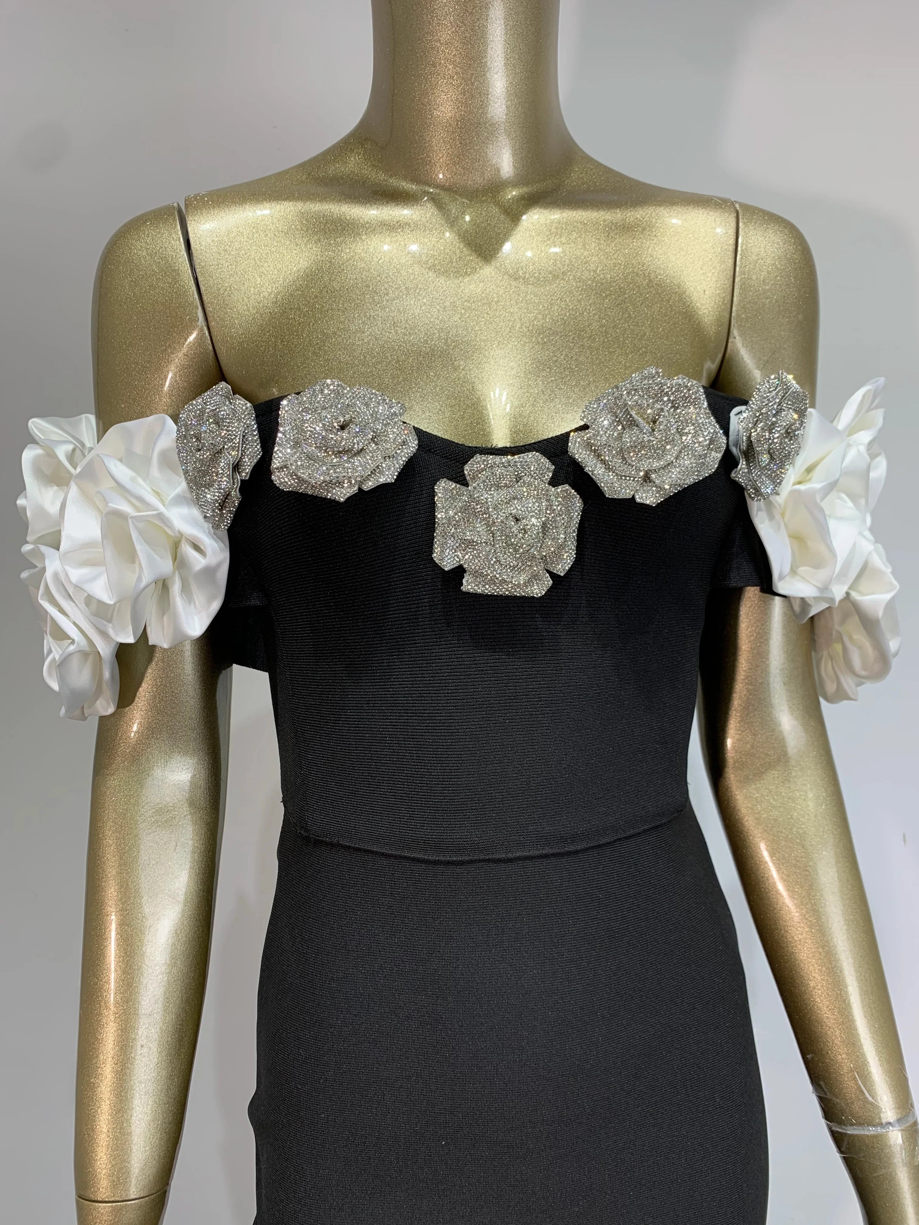 Women Celebrity Summer Sexy Off Shoulder Black Flower Maxi Long Bodycon Bandage Dress Elegant Evening Club Party Outfit