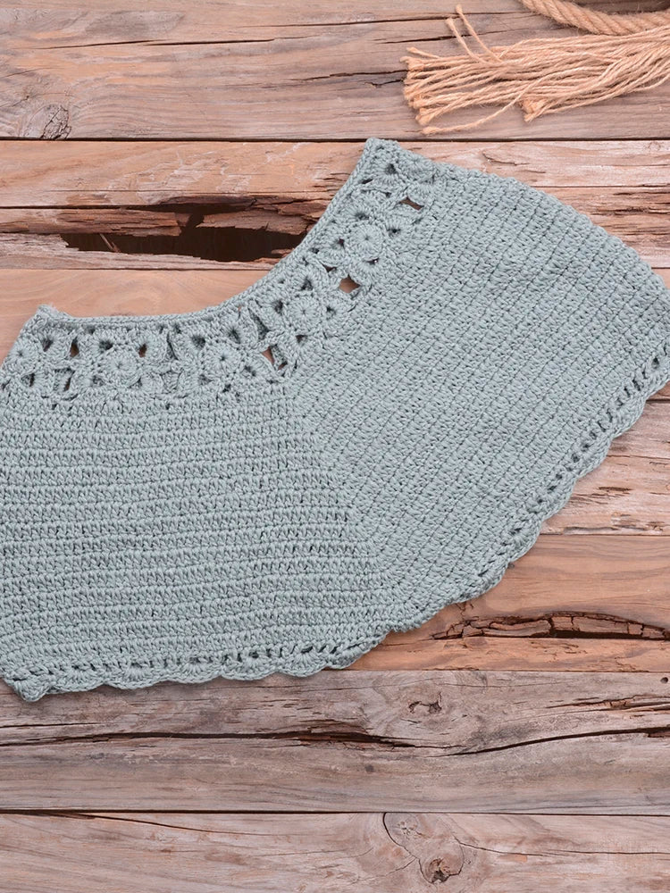 Bikini 2022 knitting Swimsuit Crochet Bikini Bohemia Style Off Shoulder High Neck Bathing Beach Bikinis Handmade Crochet Bikini Lake Green Bottom