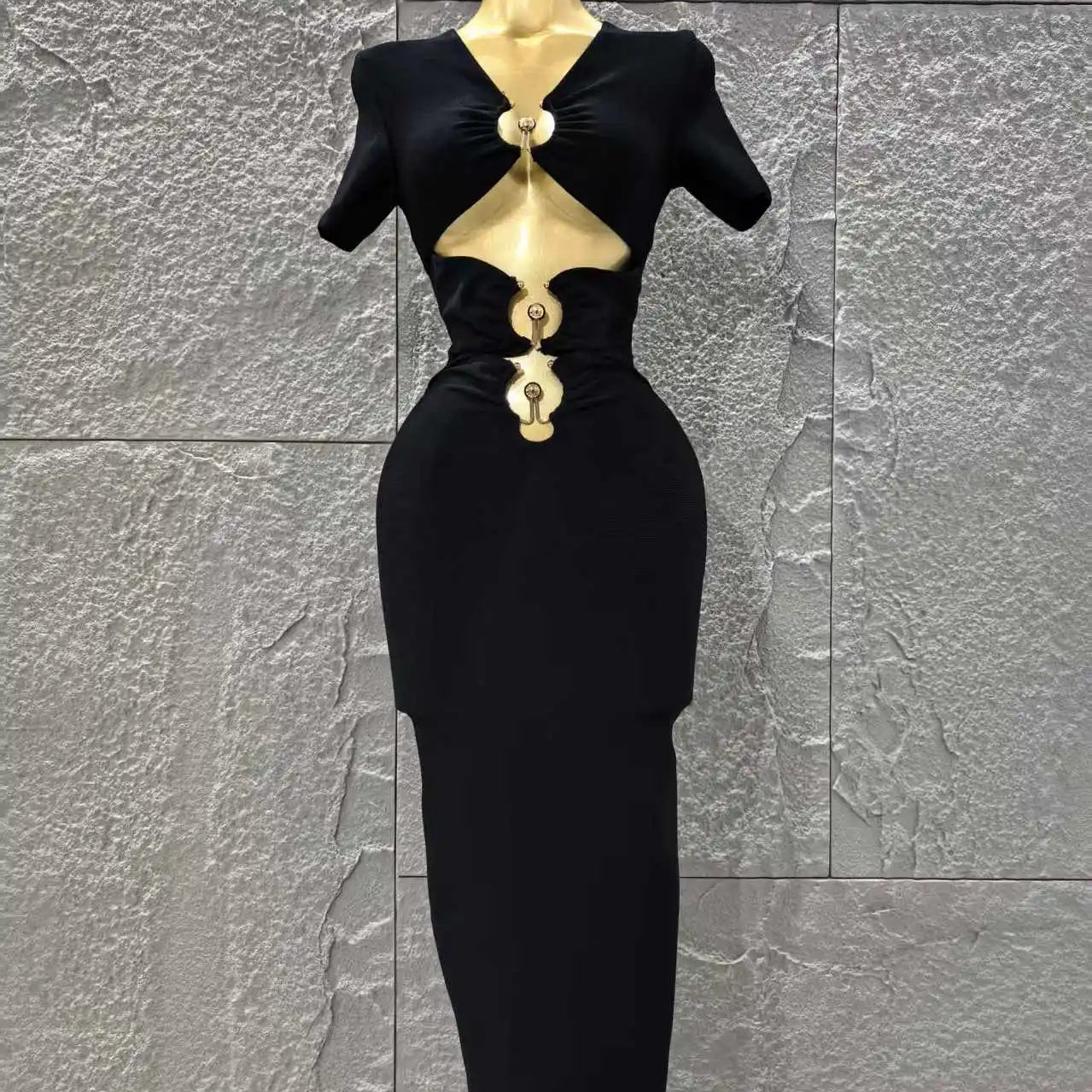 High Women Sexy Short Sleeve Keyholes Bodycon Long Bandage Dress Nightclub Party Birthday Evening Outfit Vestido black