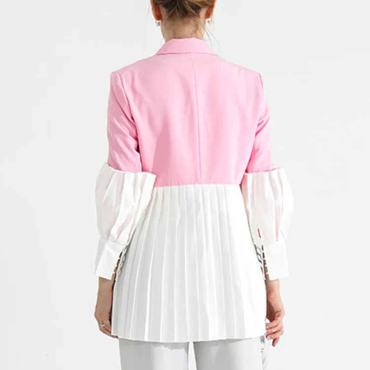 DEAT Fashion Women's Blazer Notched Collar Single Button Spliced Pleate Contrast Colors Suit Jackets Spring New Tide 7AB008