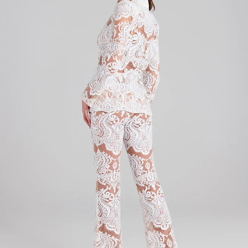 2023 White Lace Fashionable Woman Set Sexy See Through Suit Coat And Flare Pants 2 Pieces Evening Party Outfit
