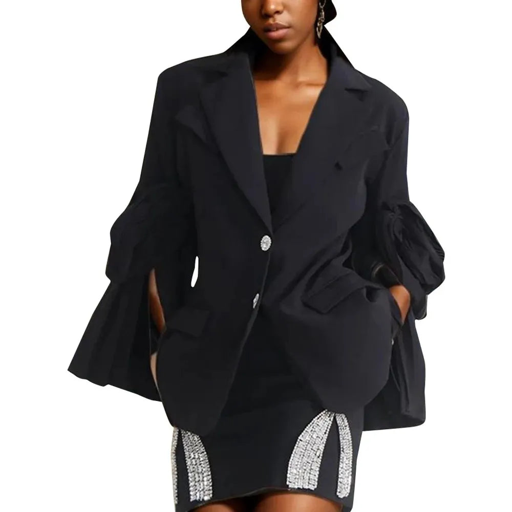 Solid Designer Blazers For Women Notched Collar Long Sleeve Patchwork Single Breasted Casual Blazer Female Clothing Black