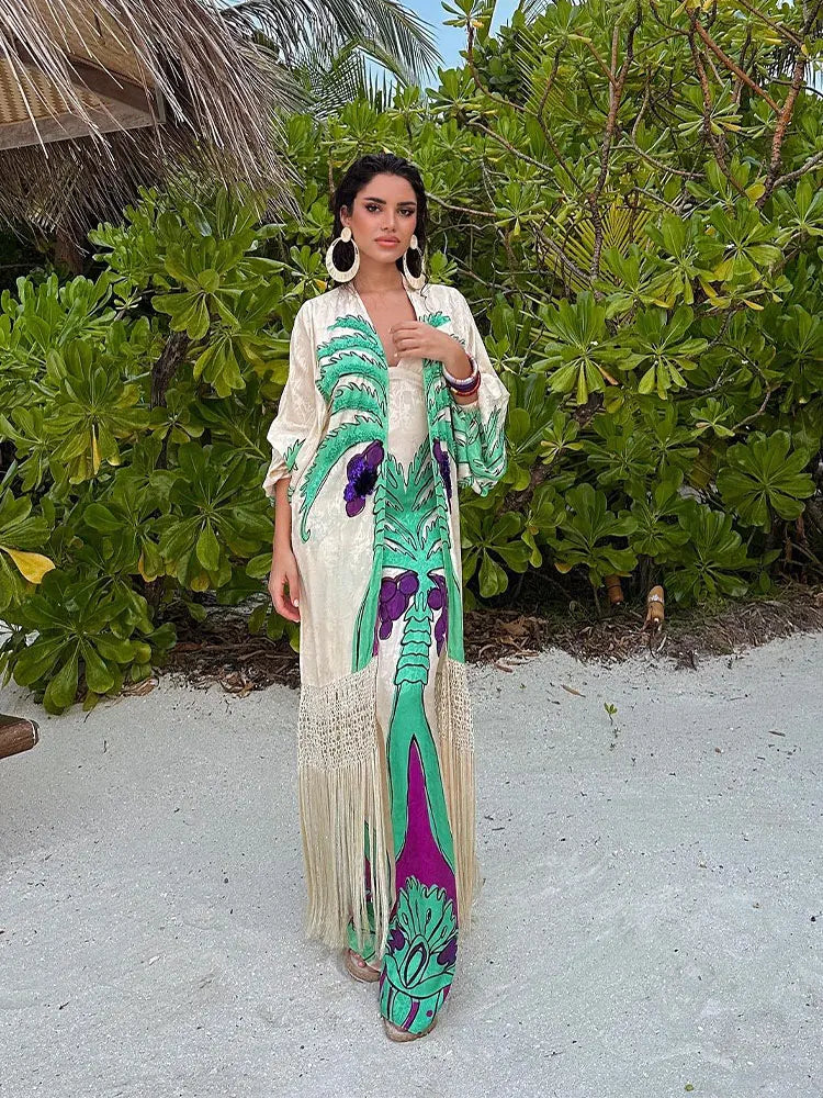 Fashion Spring Print V Neck Contrast Maxi Dress Women Chic Slim Fit Long Sleeve Vestidos Lady Elegant Vacation Streetwear