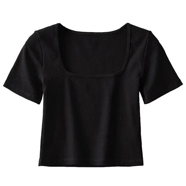 Women Square Neck Rib Crop T-shirt Short Sleeve Crop Top black