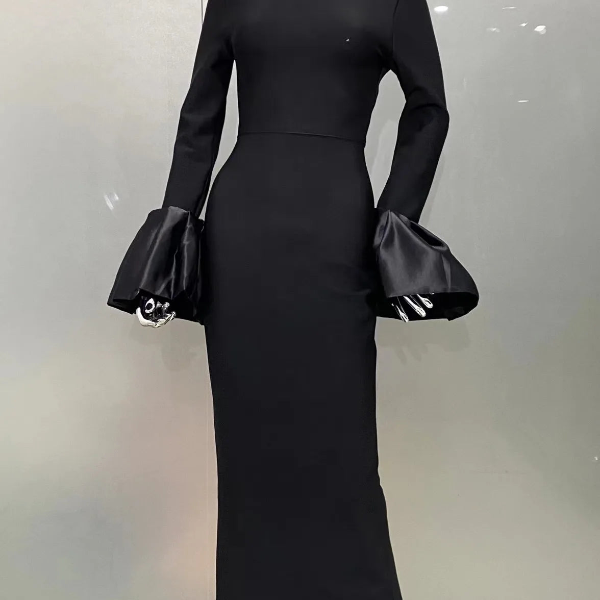 STOCK Shining Diamonds Neck Flare Sleeve Black Long Bandage Dress Elegant Woman Evening Party Dress Cocktail Party Outfit black