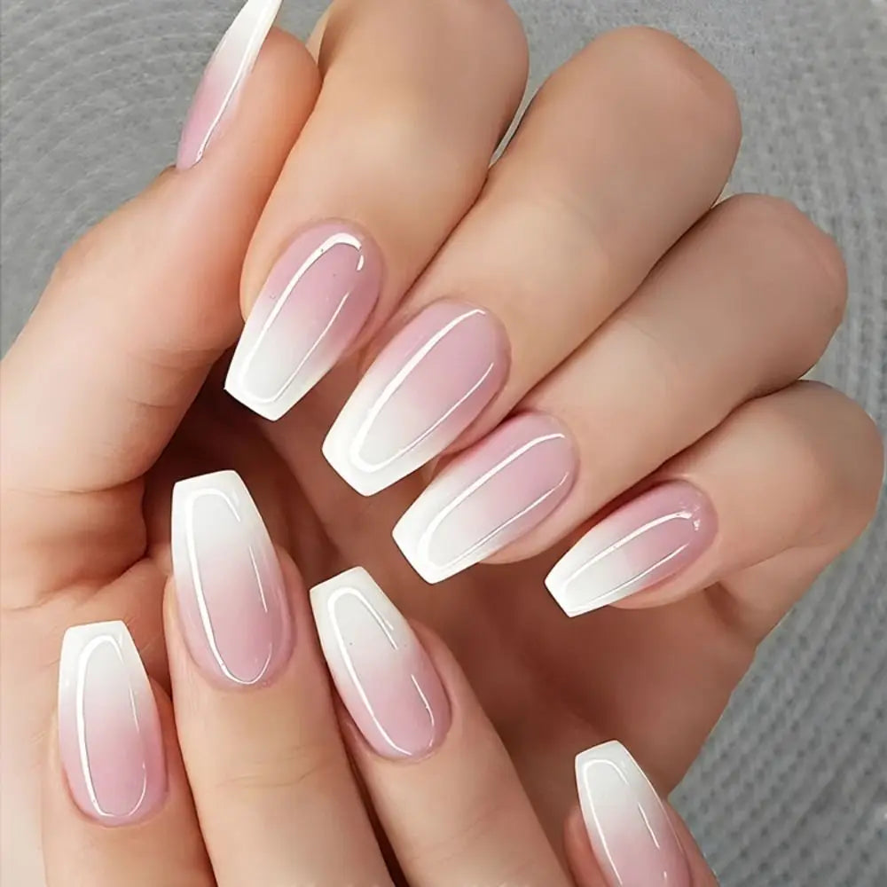 24pcs Gradient Fake Nails French Ballerina Nail Waterproof Faux Medium Coffin false nails Fingernails Press on Nails Tips AA6