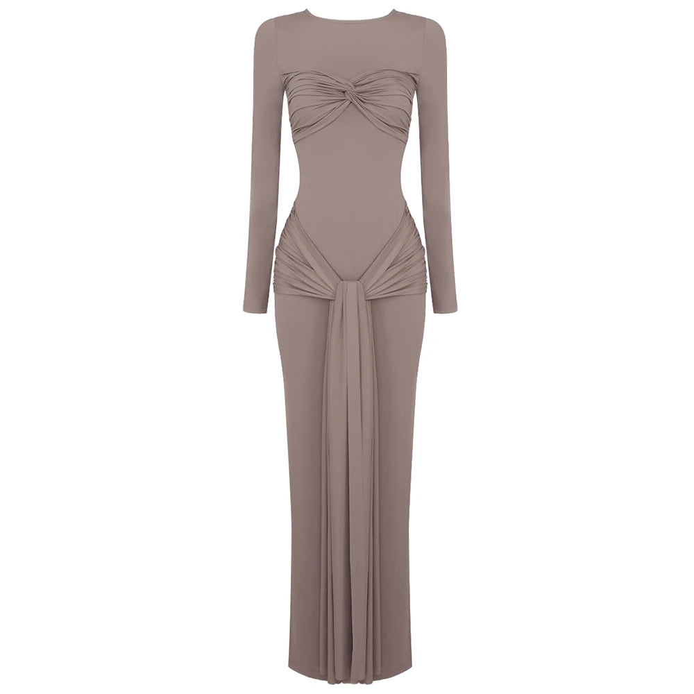 Solid Ruched Long Flare Sleeves Maxi Dress Elegant White Tie Waist High Neck Pleated Draped Backless Party Evening Dress Brown