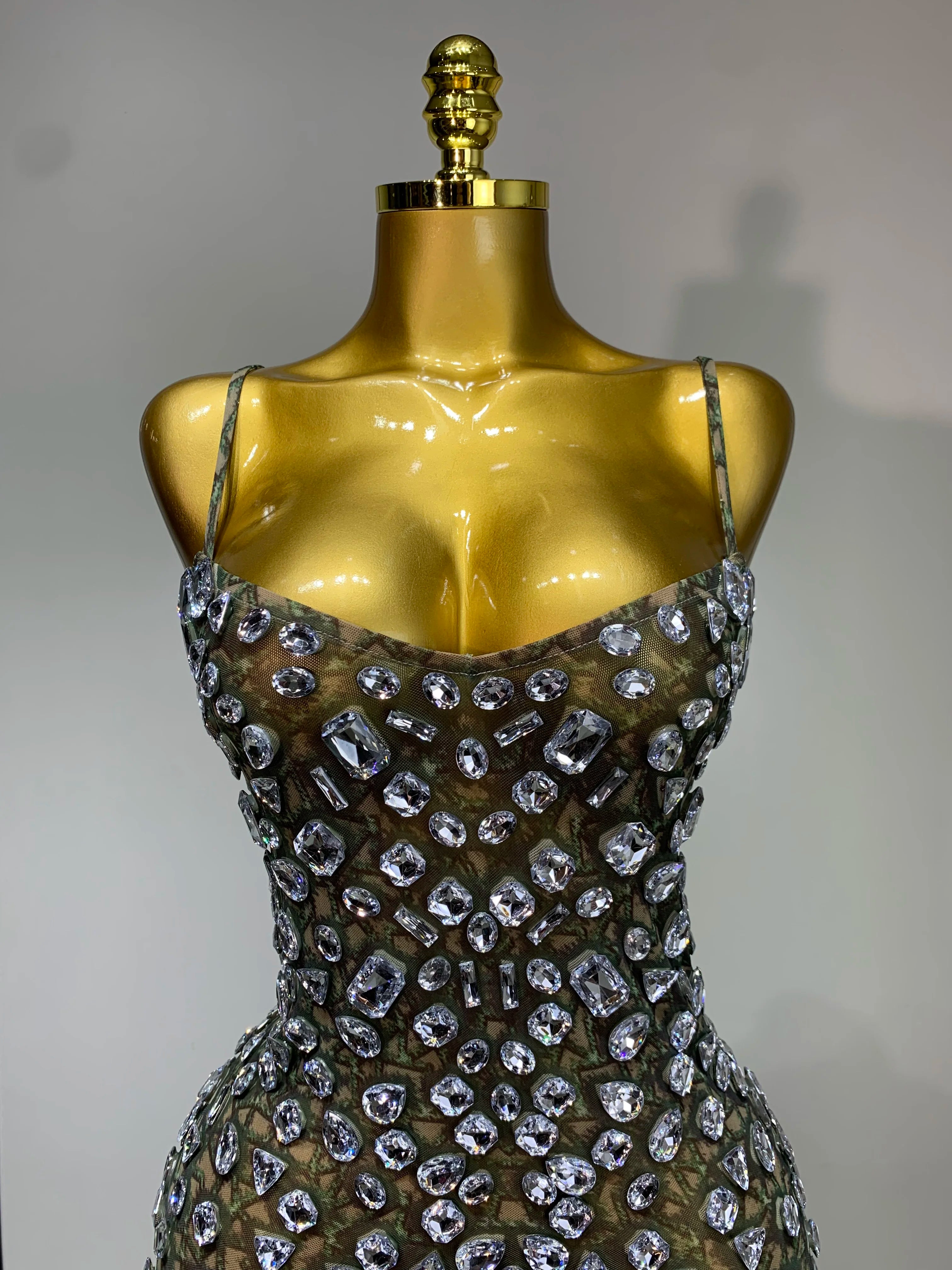 Luxury Diamond Mesh See Through Stretch Bodycon Dress Women Sexy Sleeveless Evening Party Birthday Celebrate Perform Costume