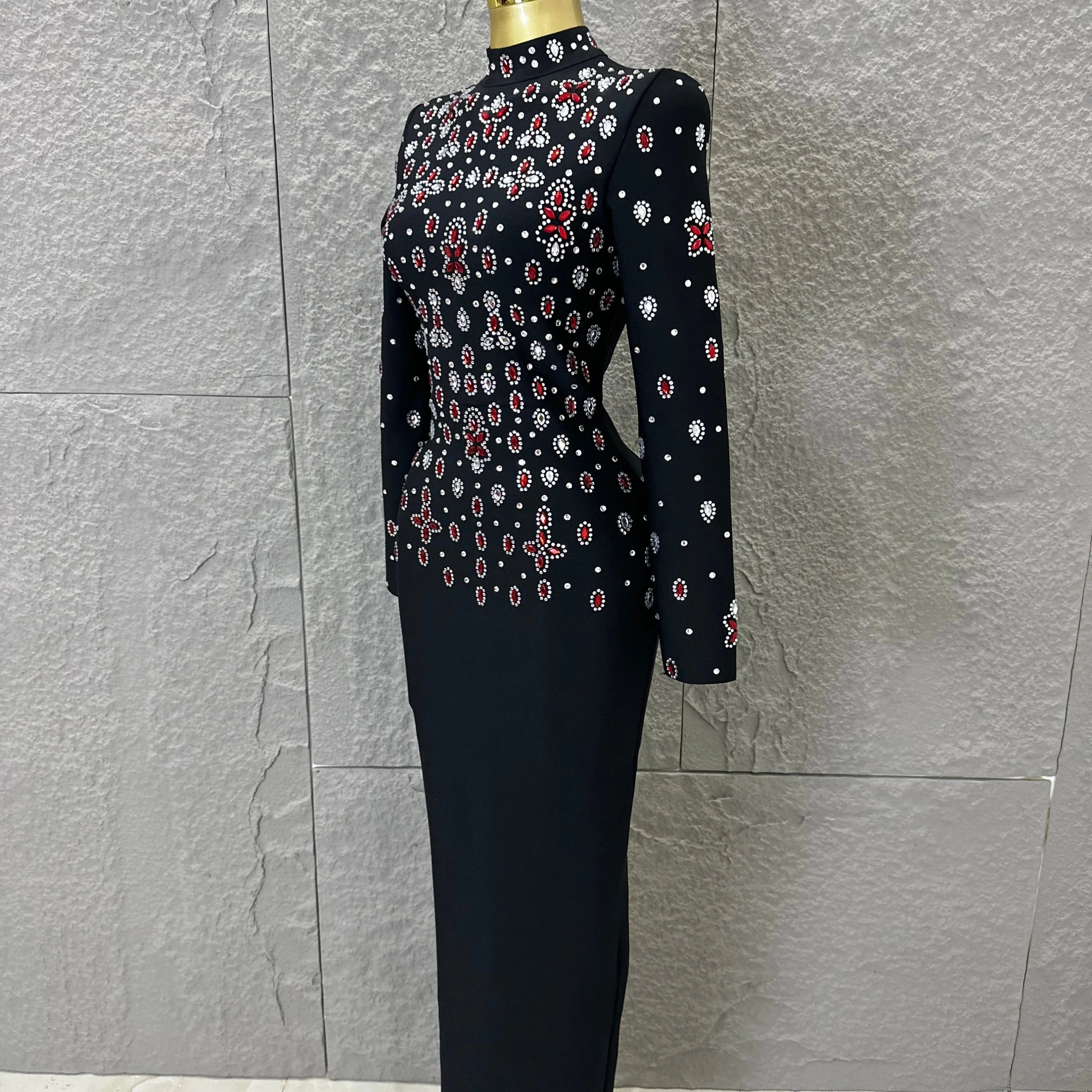 Women Sexy Long Sleeve Crysta  Red Rhinestone Embellished Bodycon Outfit Formal Event Party Elegant Black High Neck Maxi Dress