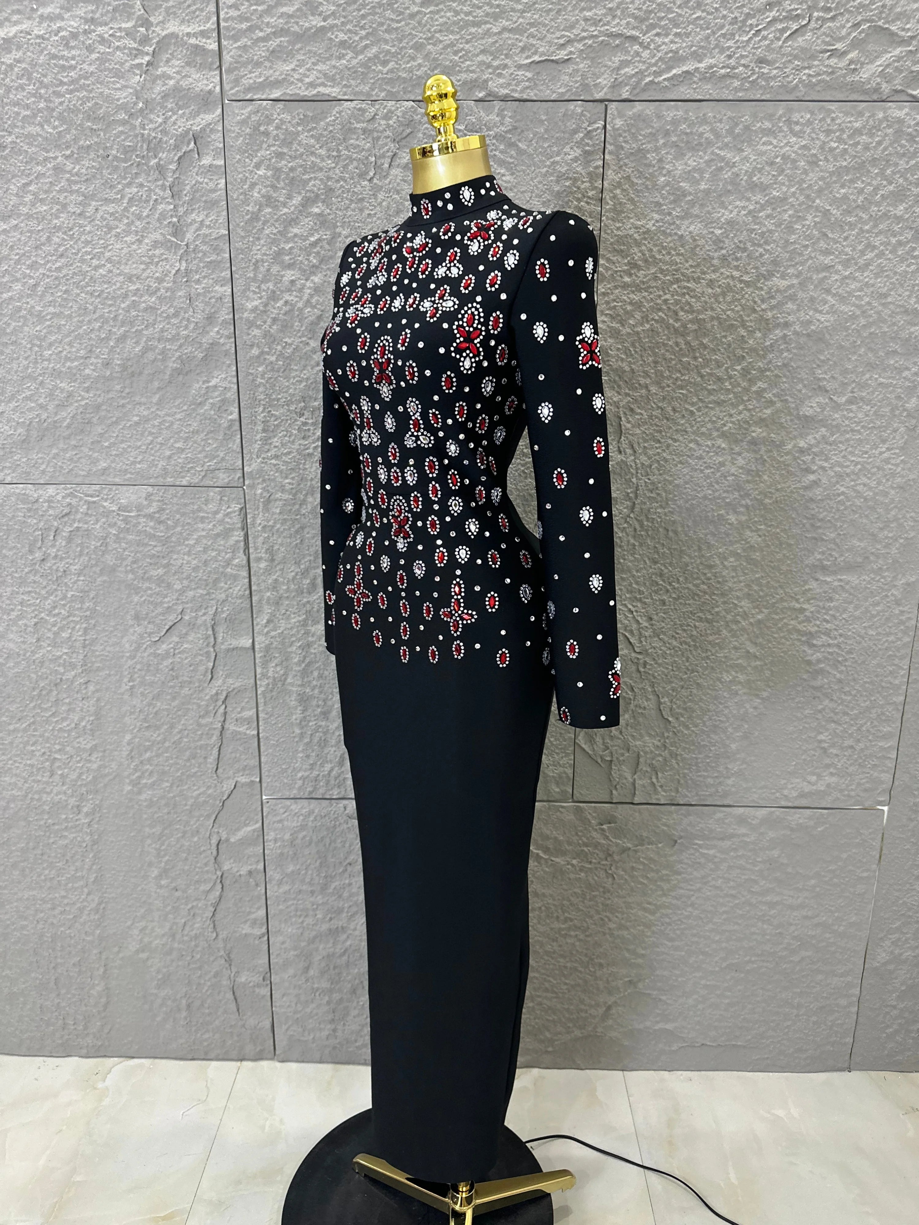Women Sexy Long Sleeve Crysta  Red Rhinestone Embellished Bodycon Outfit Formal Event Party Elegant Black High Neck Maxi Dress