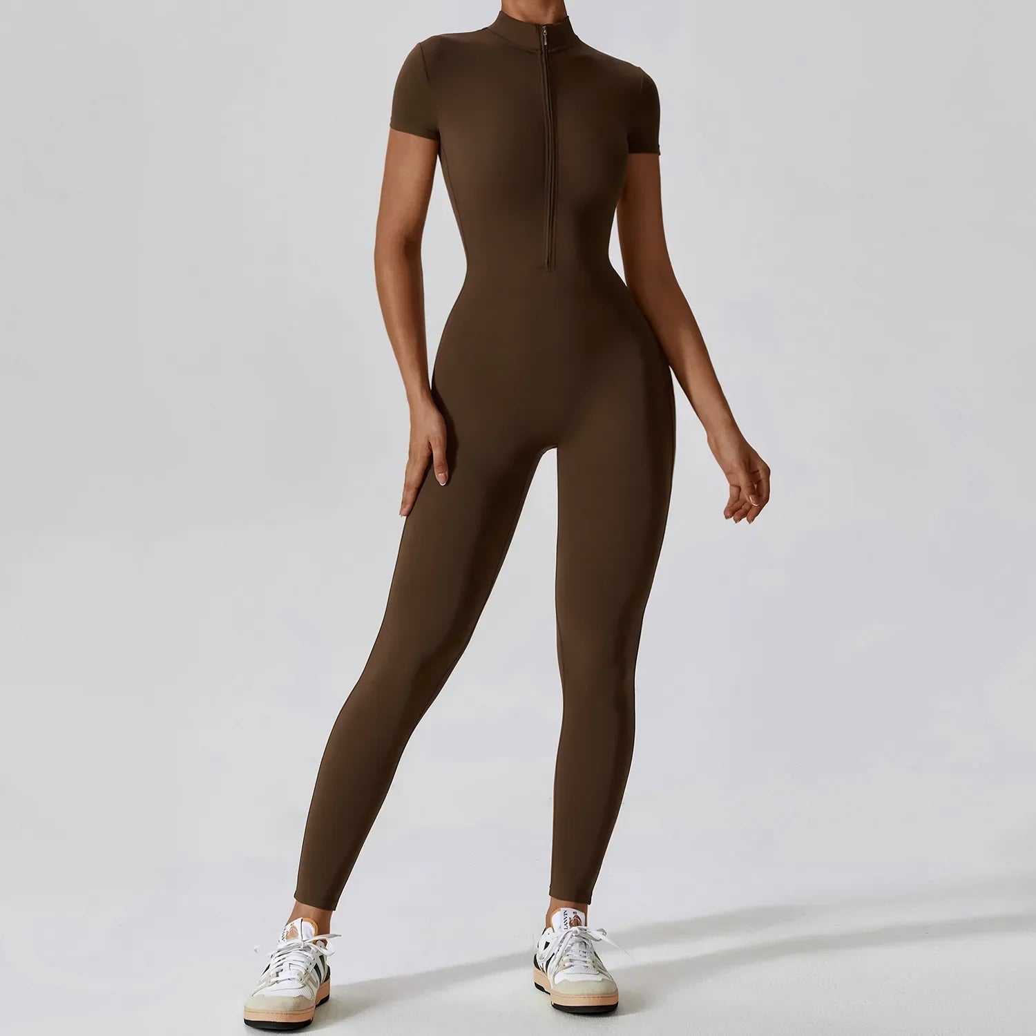 Yoga Jumpsuit Women Seamless Sports Zipper Jumpsuit Set Gym Long Sleeve Fitness Suit Elastic Gym Workout Bodysuit Athletic Wear coffee 2