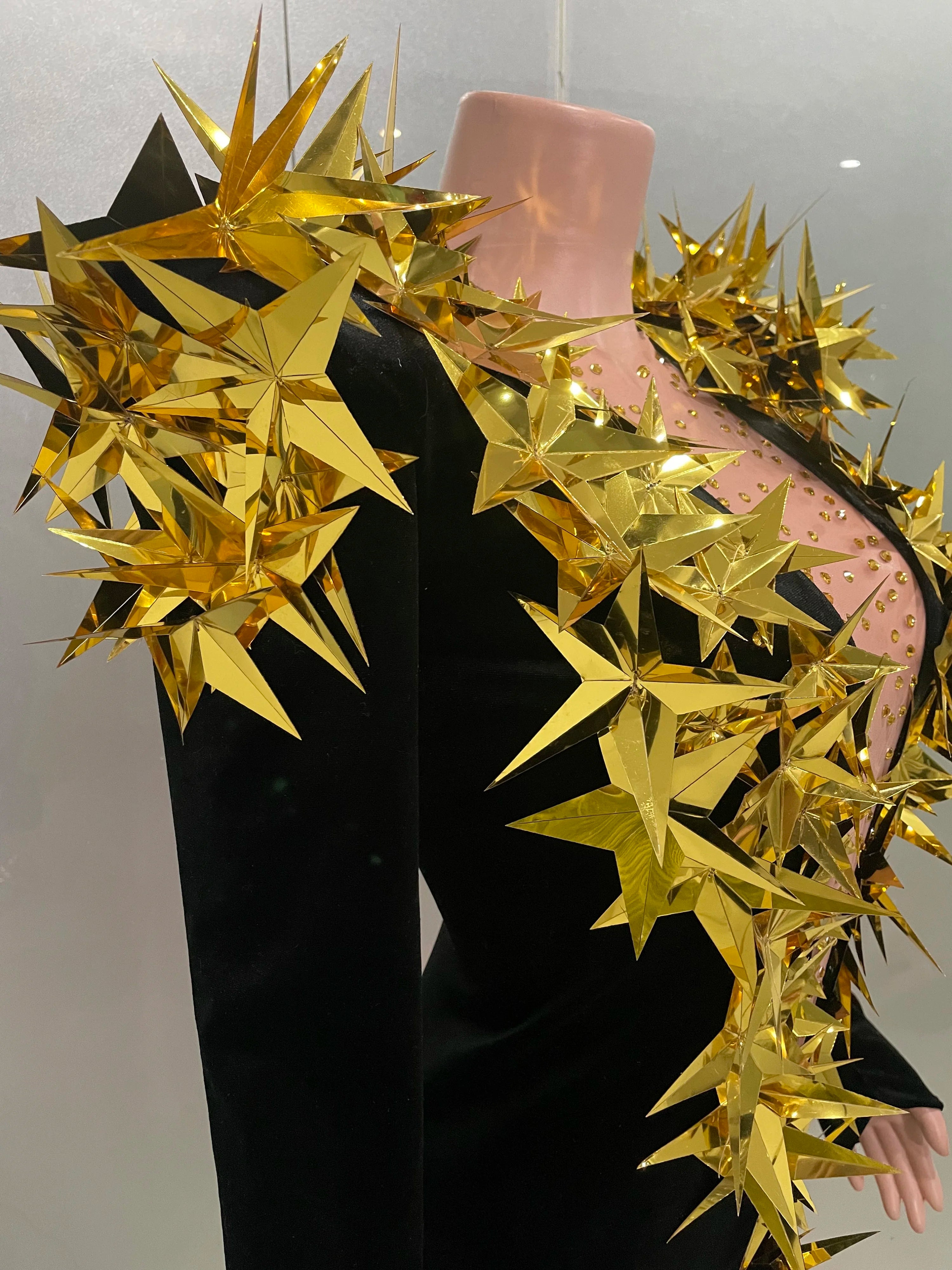 Shiny Gold Rhinestone Black Velvet Long Sleeve Bodysuit 2025 Women Evening Party Club Gala Hosts Night Club Bar Stage Costumes