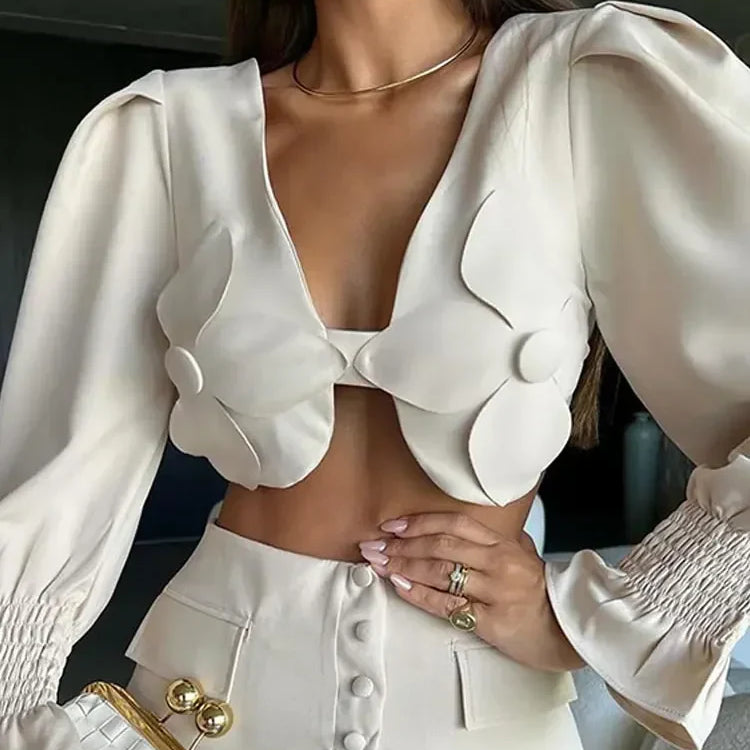 Sexy Flare Sleeve Blouse & Trouser Set Women Chic V Neck Backless Crop Top High Waist Wide Leg Pants Suit Spring Outfits