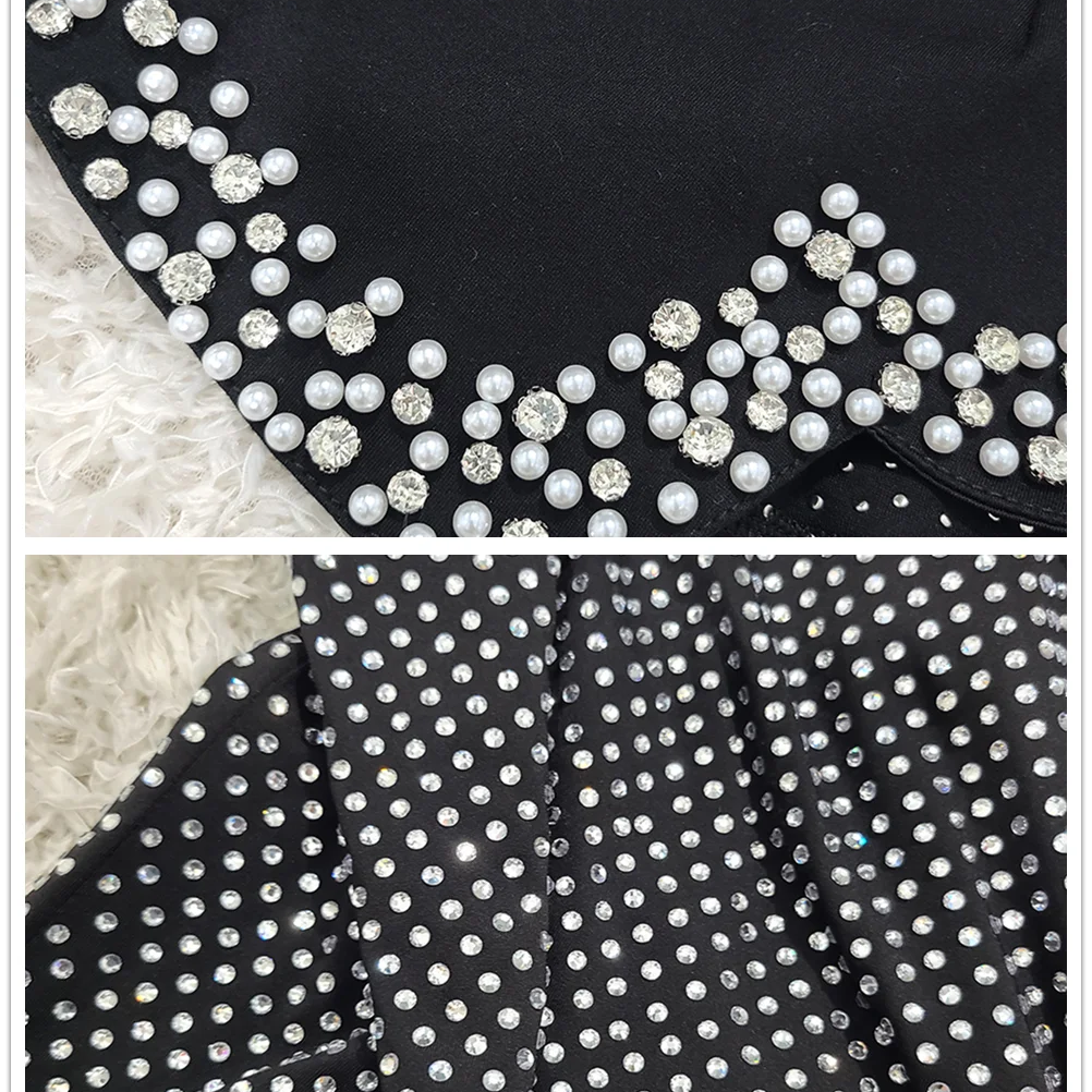 Women Sexy Off Shoulder Pearl Diamond Black Maxi Long Bandage Two Piece Set 2025 Elegant Evening Club Party Prom Gowns