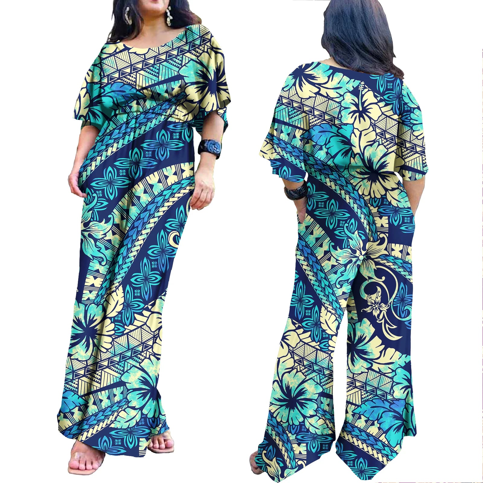 Plus Size Rompers for Women Hawaiian Zipper One Piece Jumpsuit Breathable Romper Polynesian Women Jumpsuit Playsuits 0359DD