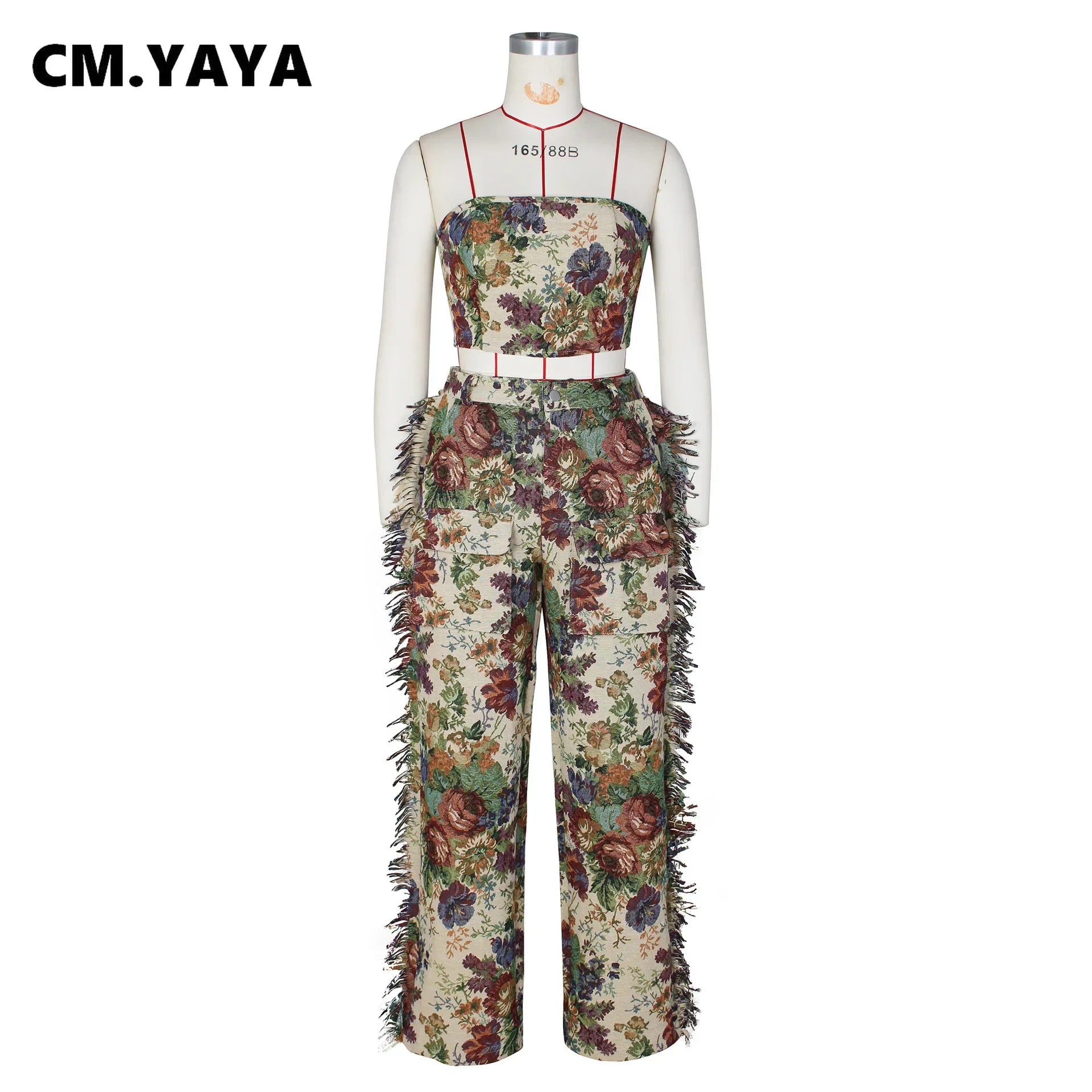Fashion Print Women's Set Strapless Top and Wide Leg tassel Pants Summer Cargo Street Two 2 Piece Set Outfit Tracksuit